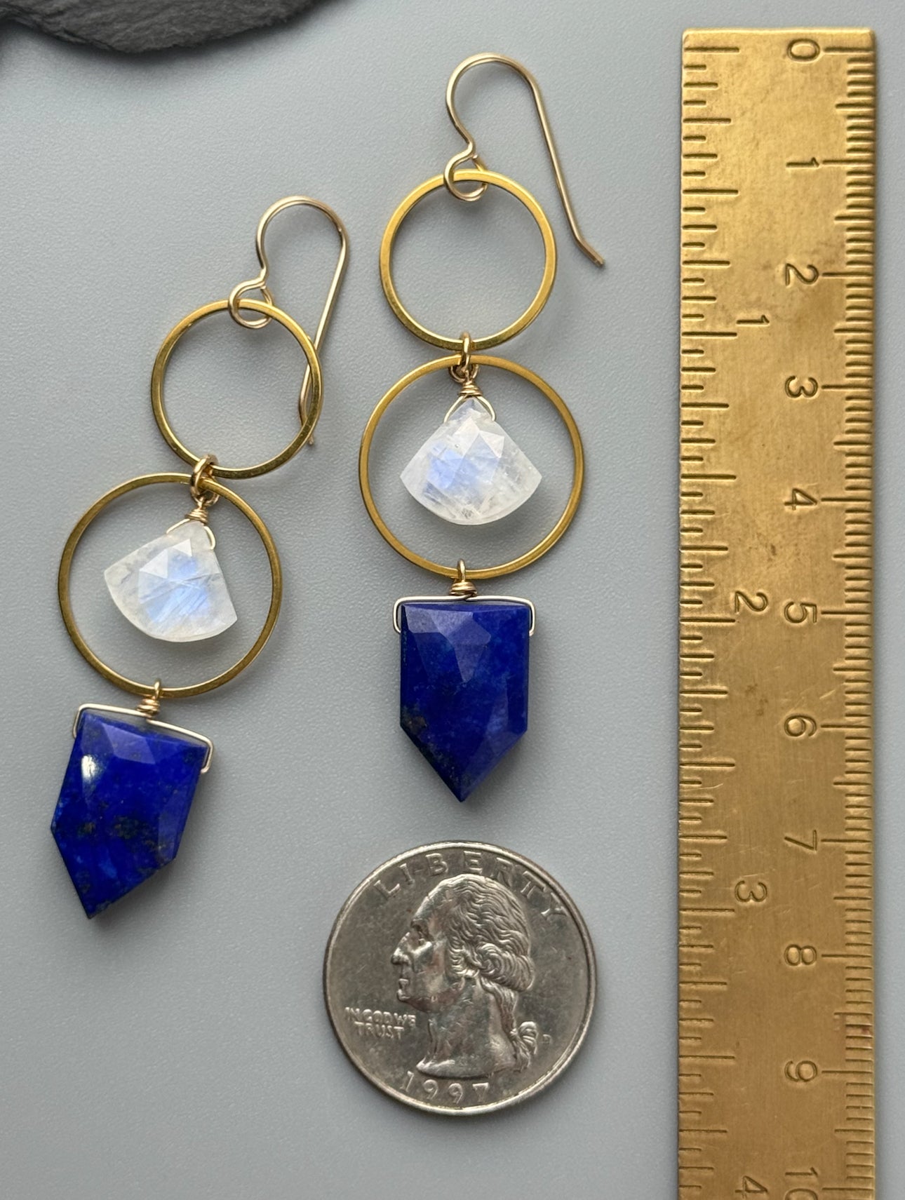 •EQUA-LUNA• rainbow moonstone + lapis lazuli gold earrings
