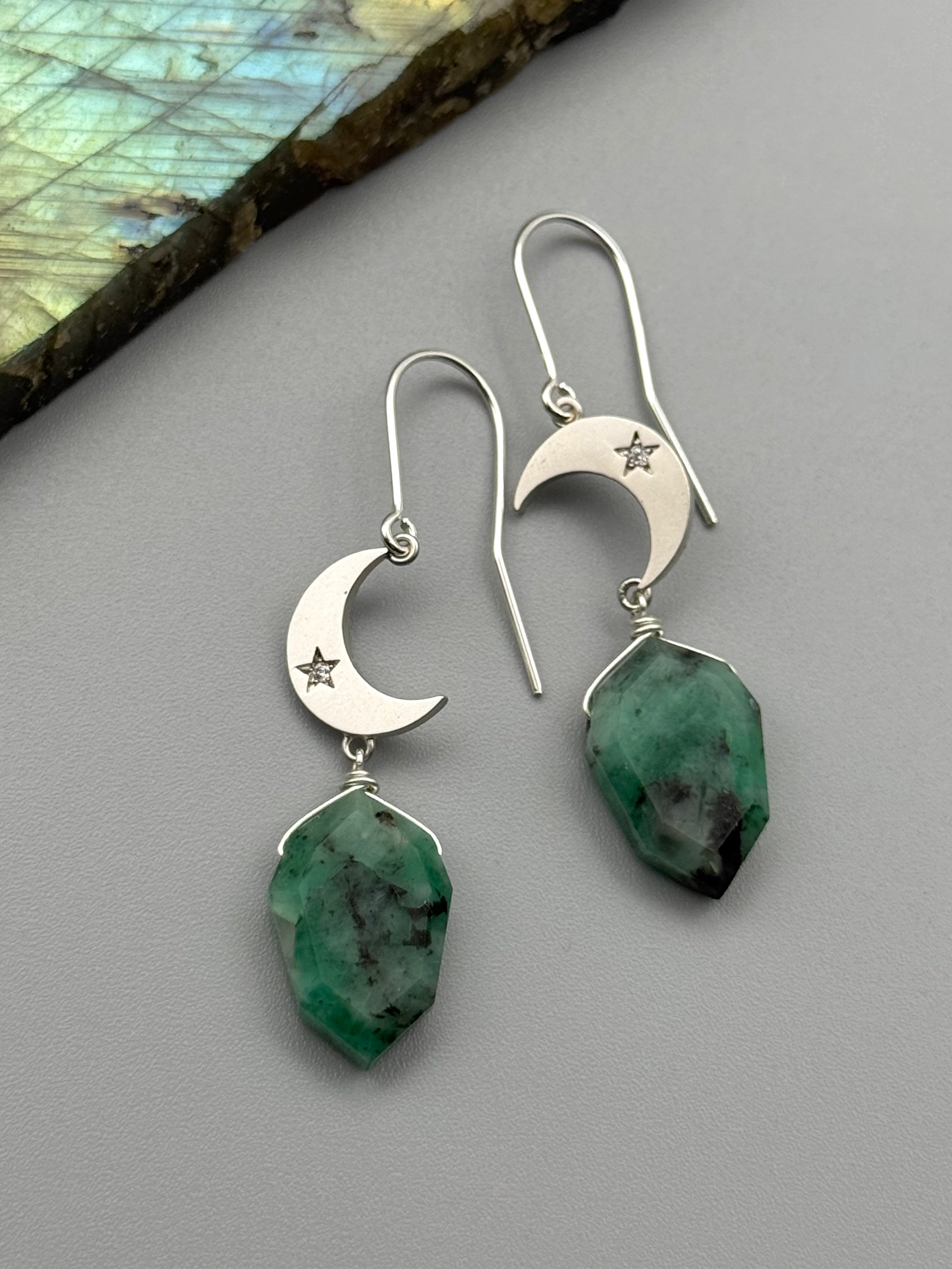 •CRYSTAL CRESCENT• emerald petal + silver earrings