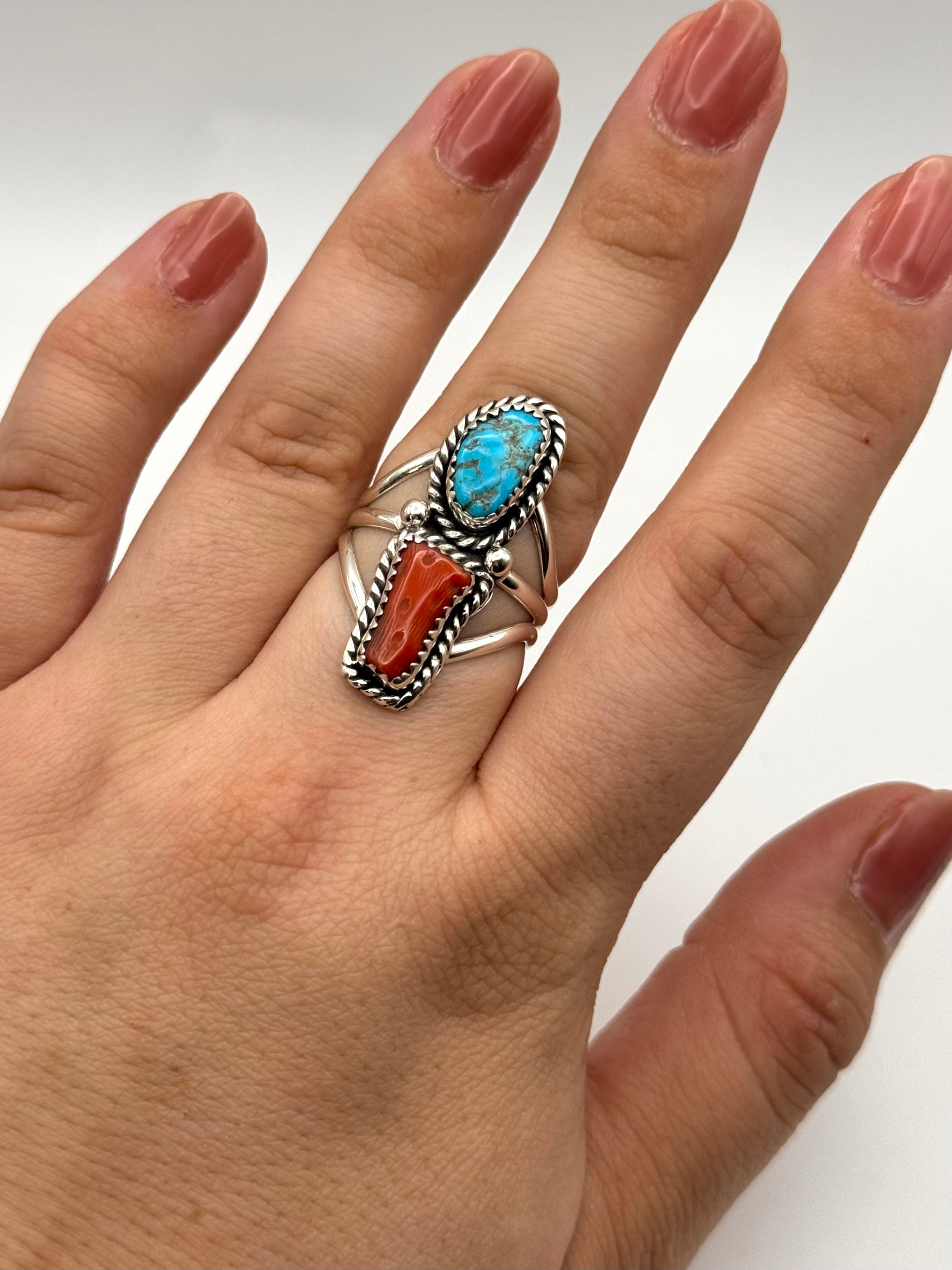 •SLEEPING BEAUTY TURQUOISE & CORAL• Navajo silver double stone ring (size 9.25)