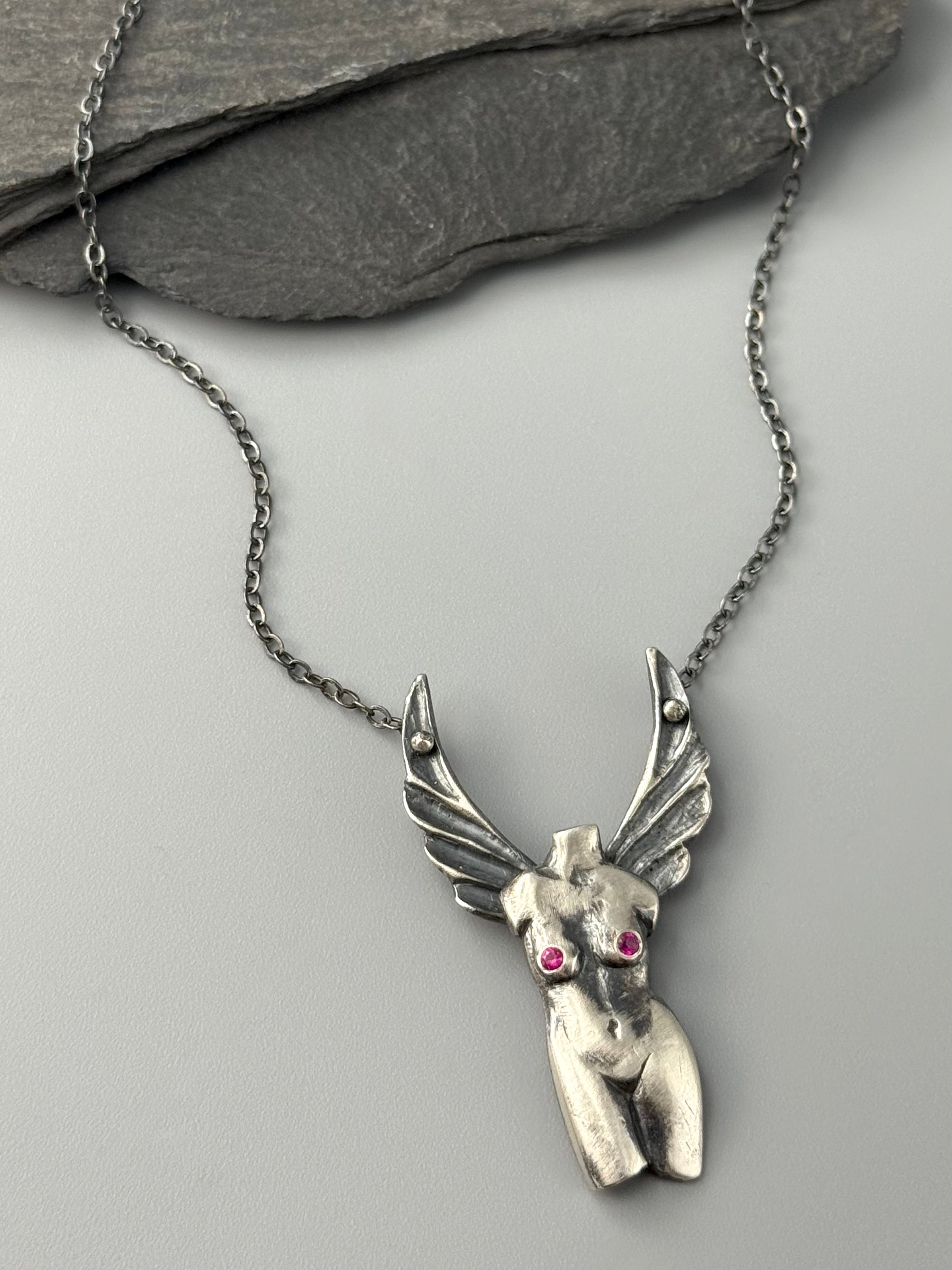 •WINGED VENUS• ruby + silver necklace (17.5" long)