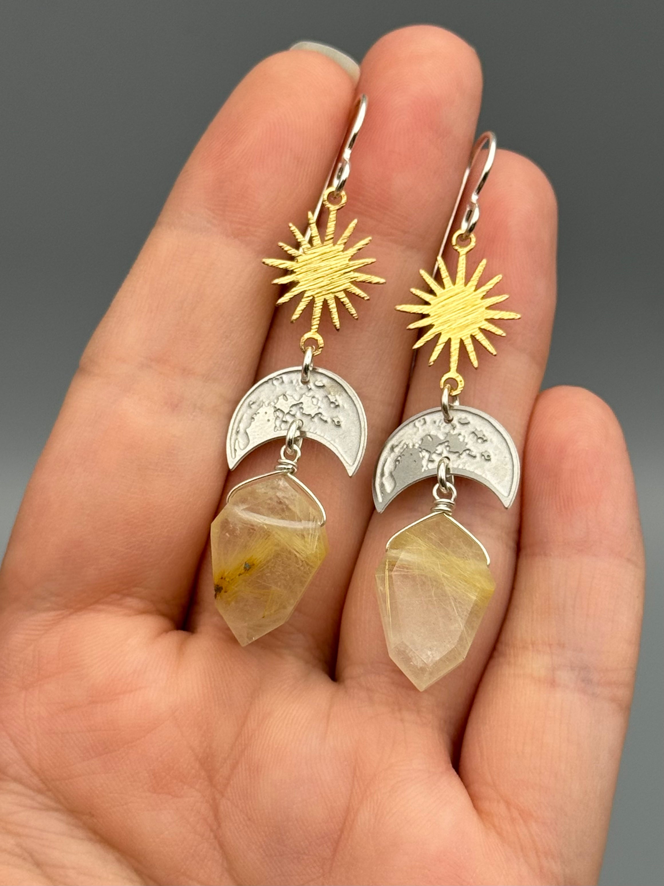 •LUNA SOL• rutilated quartz + mixed metal earrings