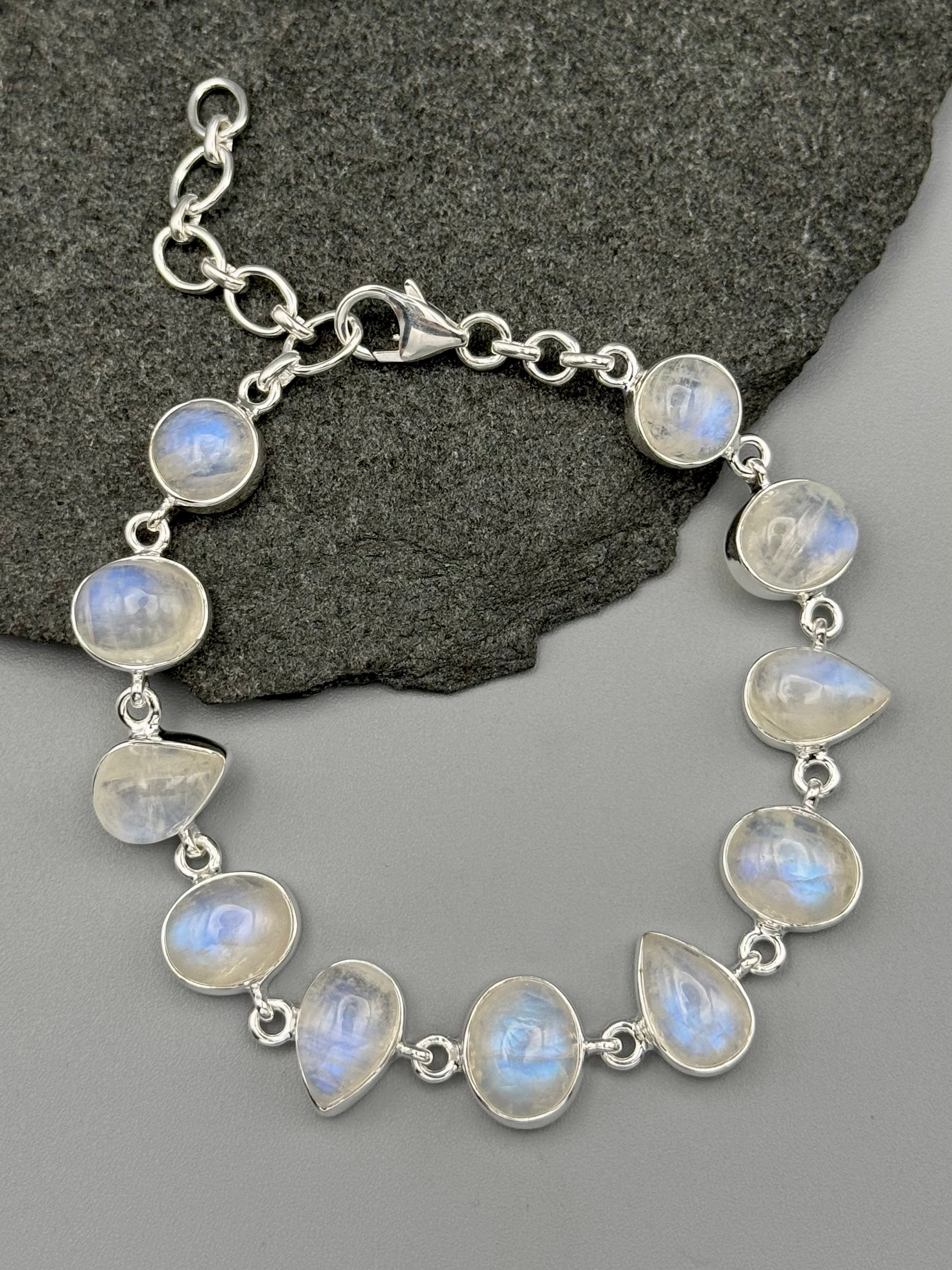 •RAINBOW MOONSTONE - GEO MIX• linked silver bracelet (7.5" - 9")