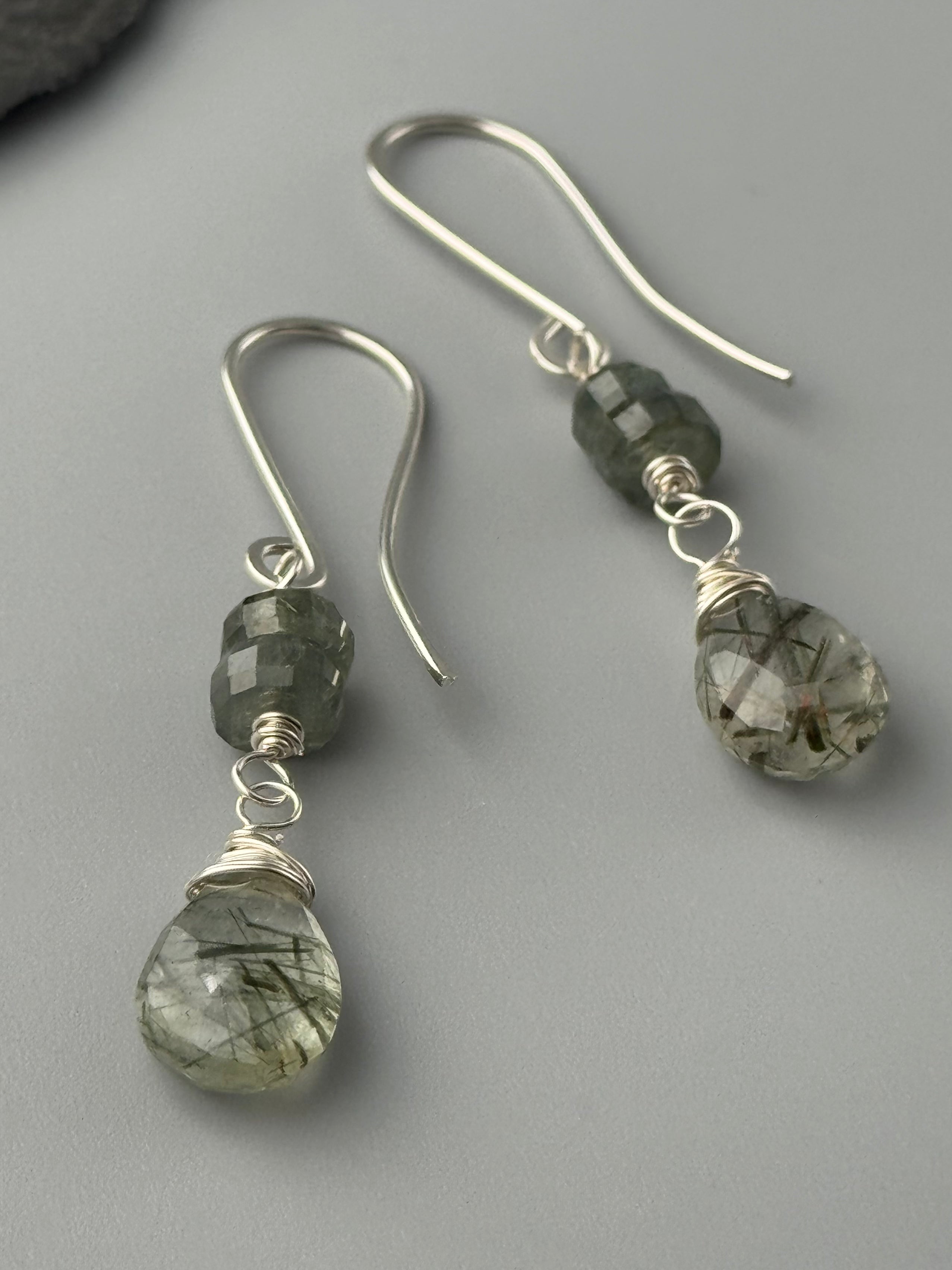 •MOSSY DROP• moss agate + tourmalinated quartz silver dangle earrings