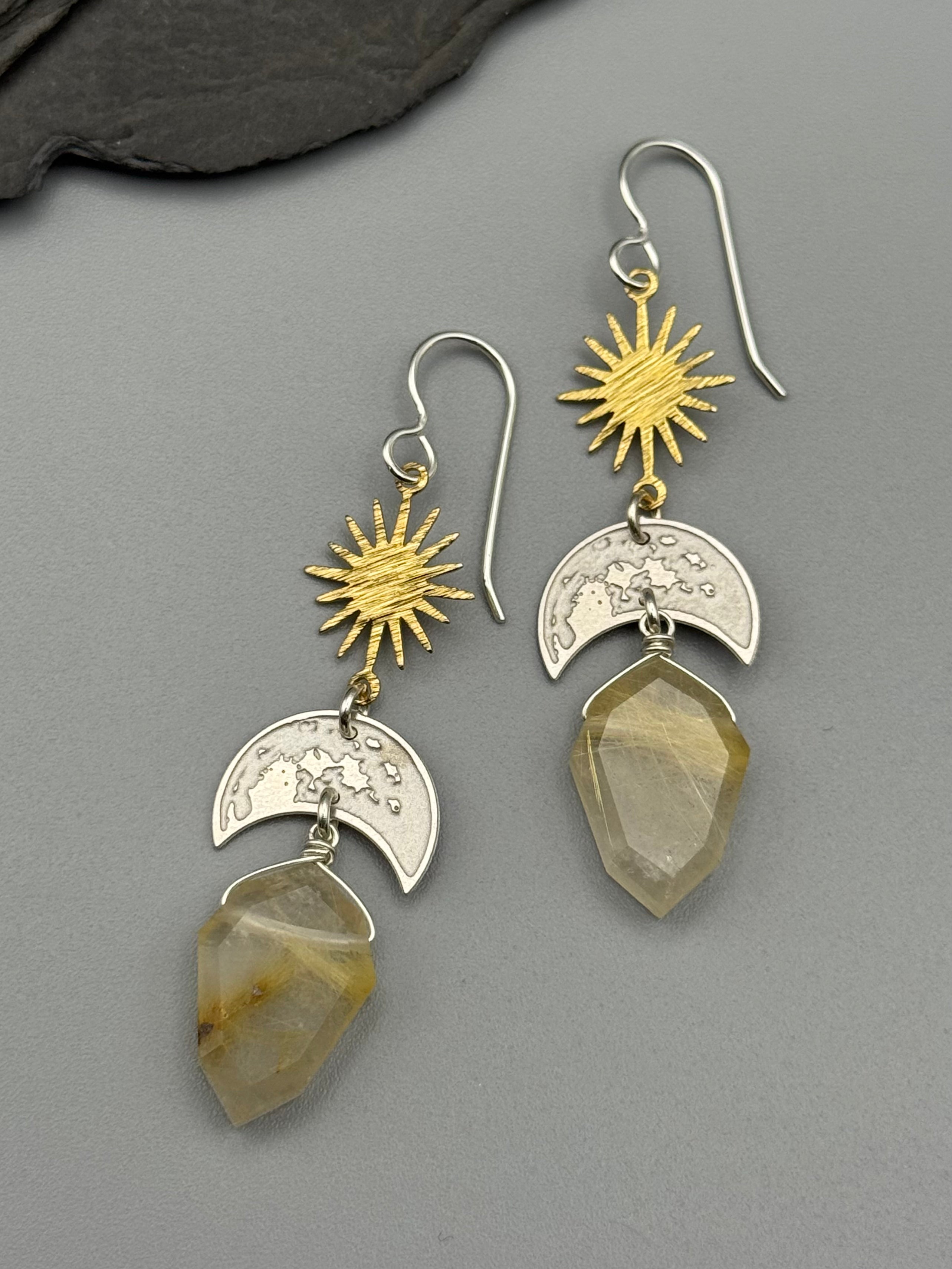 •LUNA SOL• rutilated quartz + mixed metal earrings