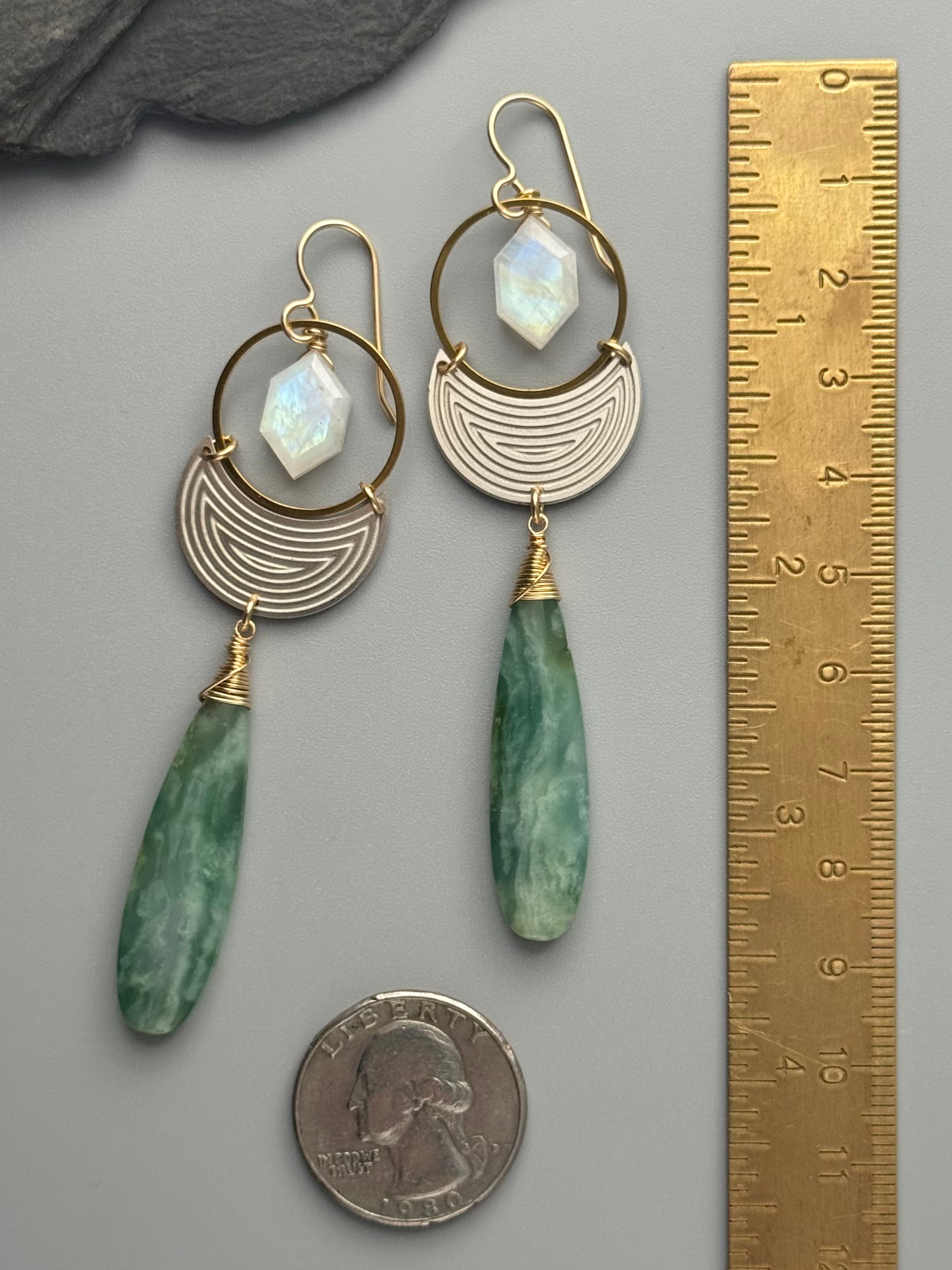 •MOON SHADOW• rainbow moonstone + jade mixed metal earrings