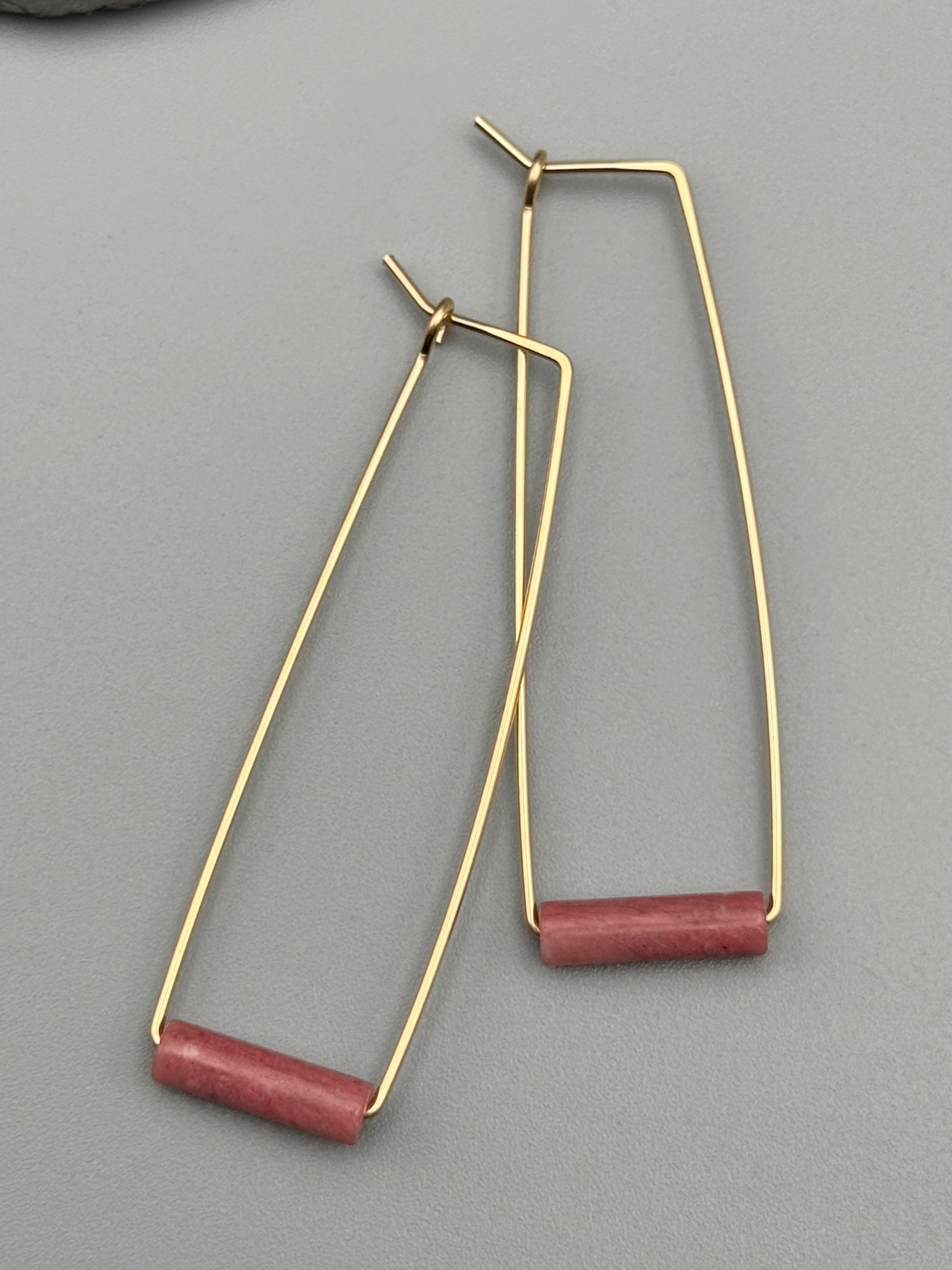 •RECTANGLE TUBE HOOP• rhodonite + gold earrings