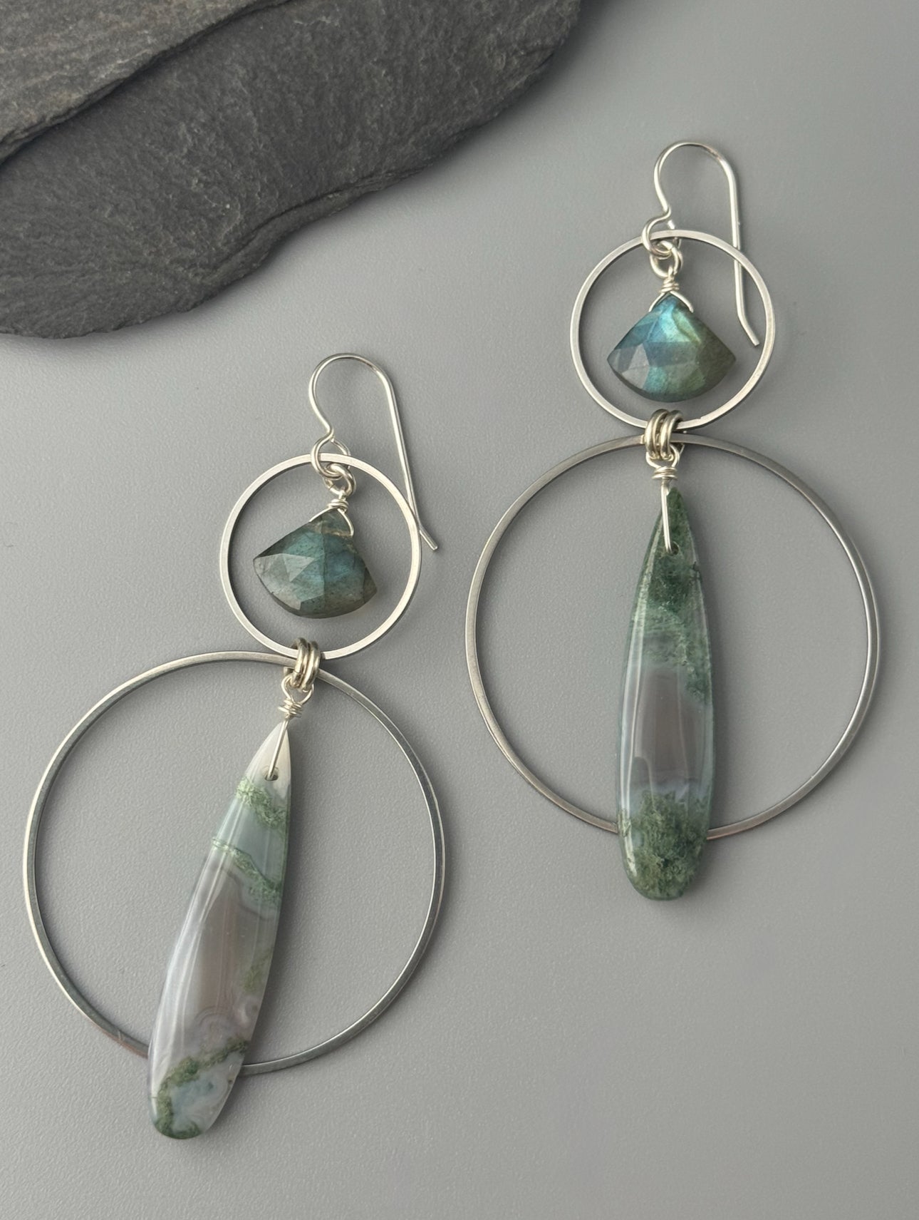 •EQUA-LUNA• labradorite + moss agate silver earrings