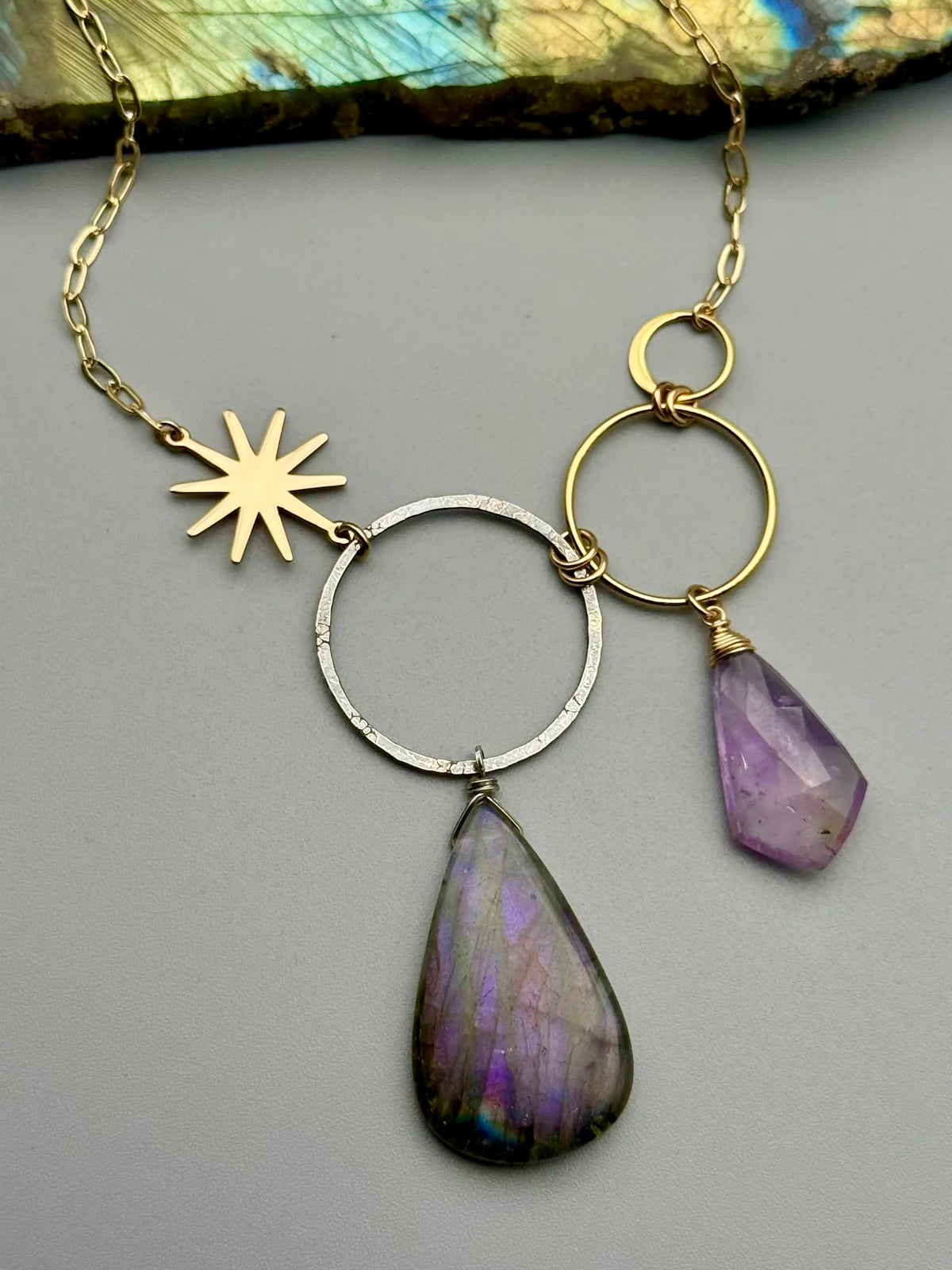 •UNION• amethyst + labradorite mixed metal necklace (18"-20" long)