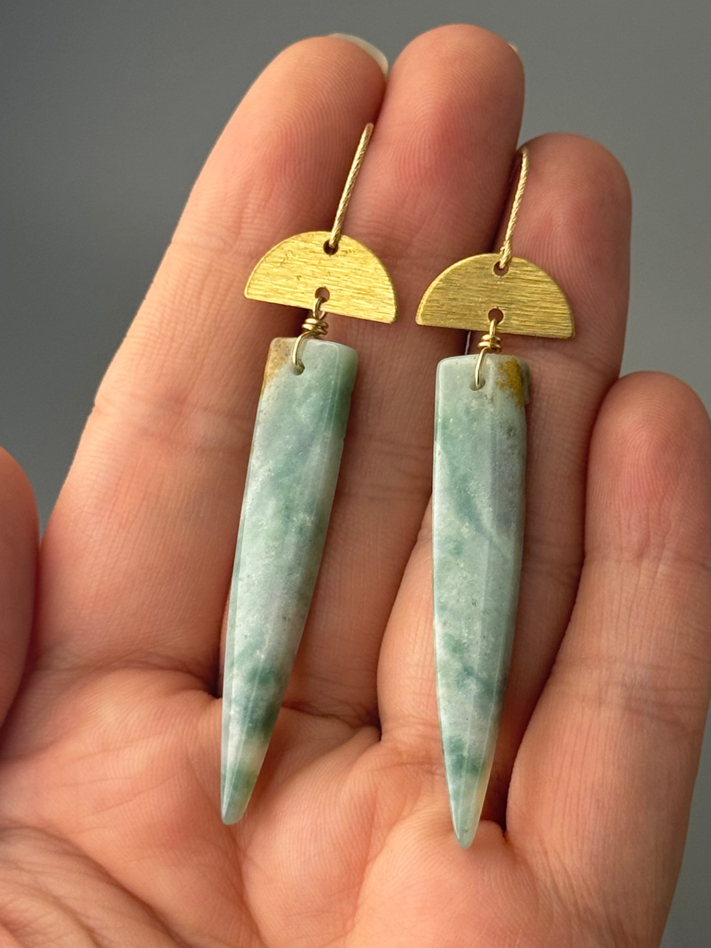 •MOON CAP• green mountain jade + gold earrings