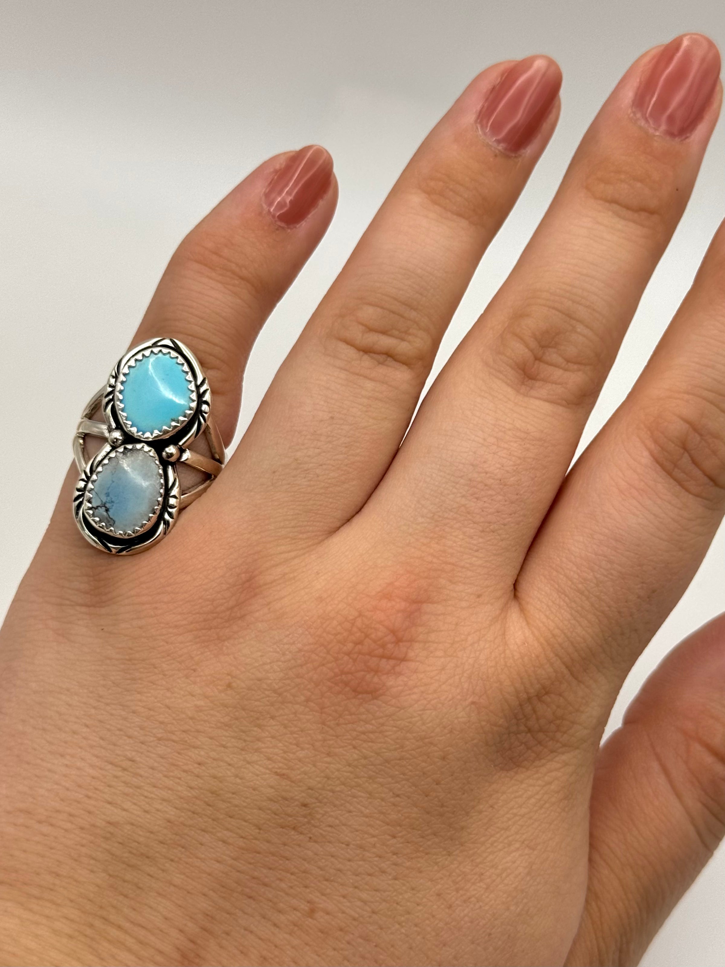 •GOLDEN HILL TURQUOISE - 4• Navajo silver double stone ring (size 6.5)