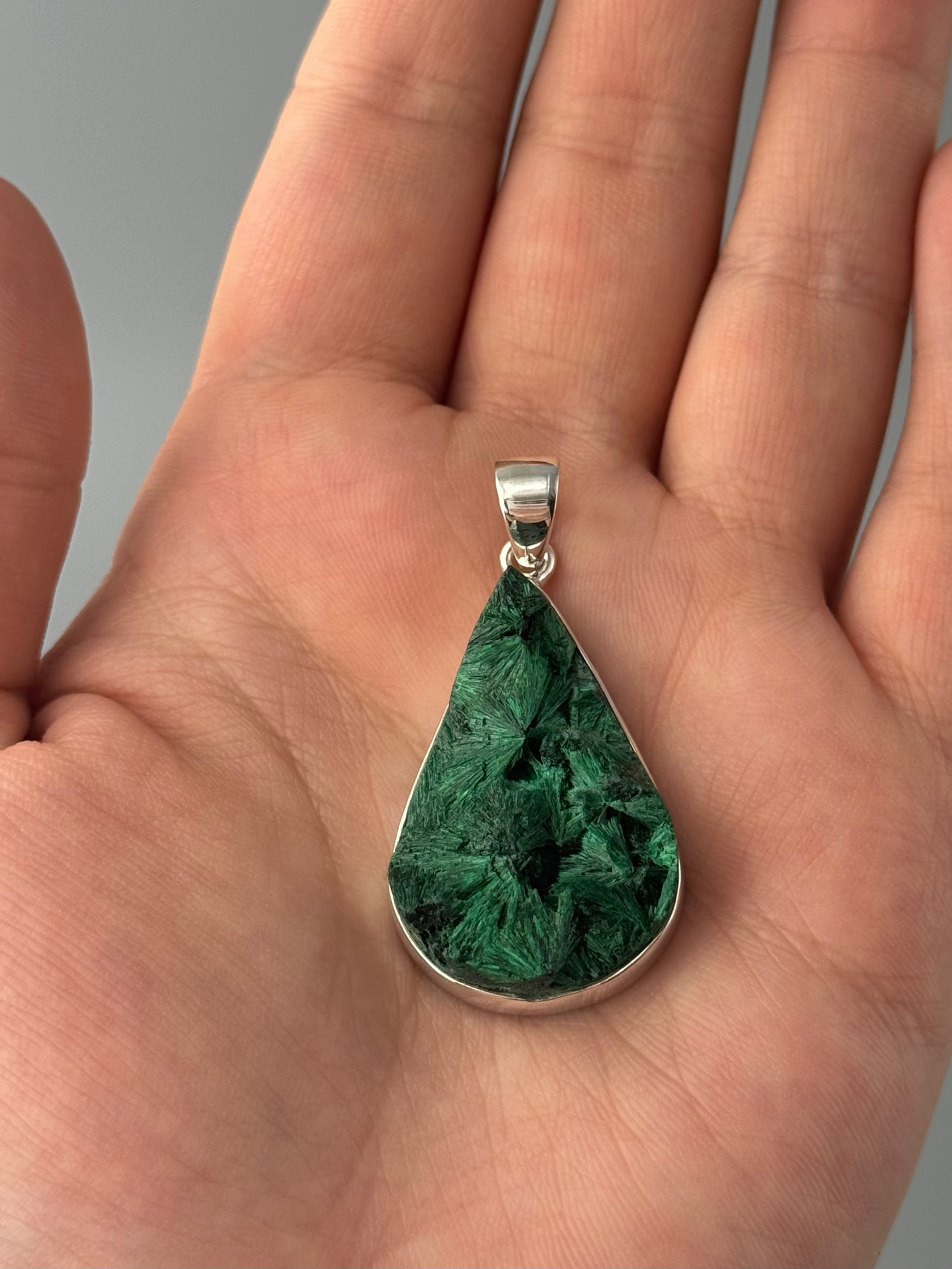 •FIBROUS MALACHITE - TEARDROP• sterling silver pendant