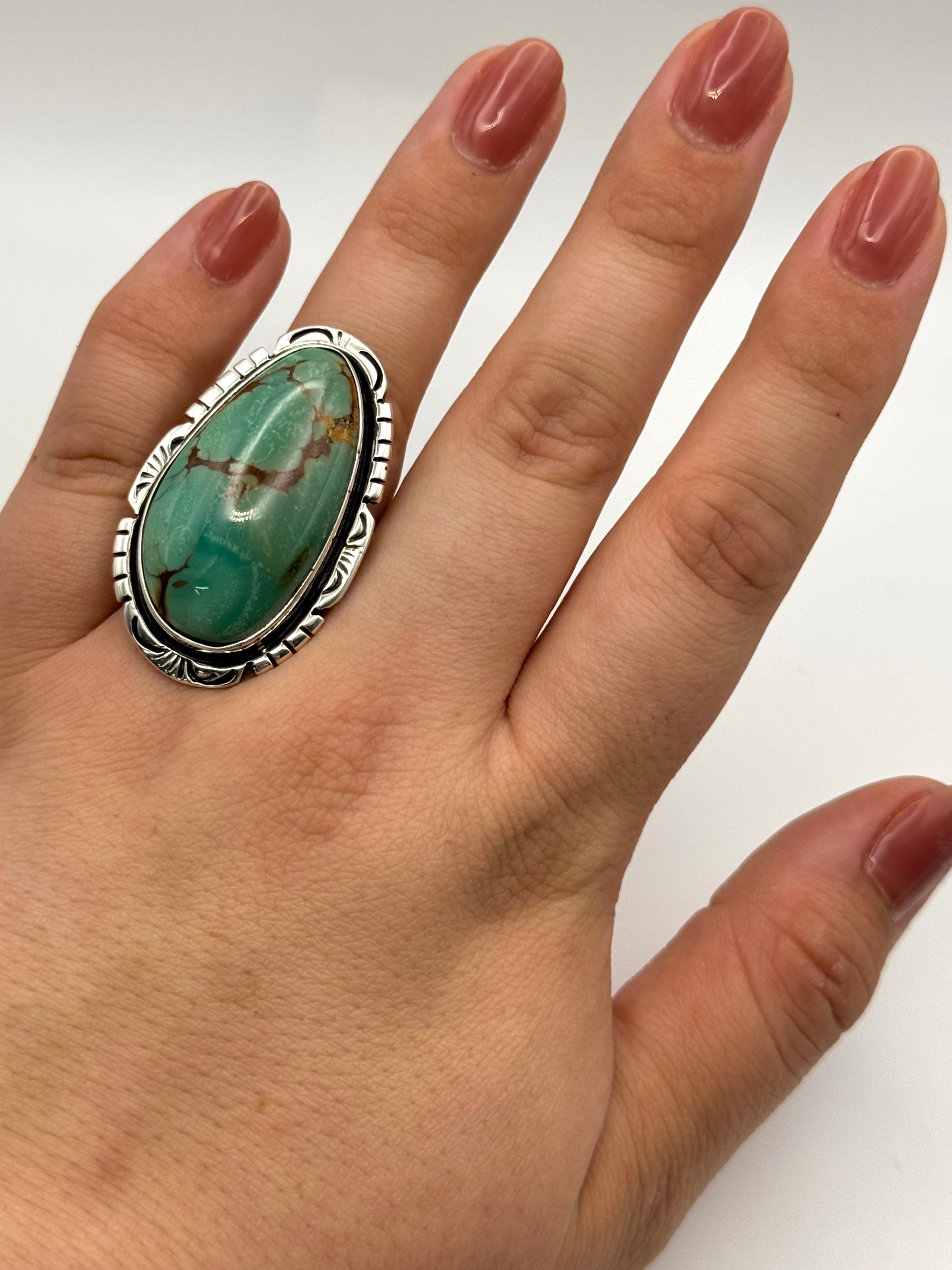 •KINGMAN TURQUOISE - BIGGIE 2• Navajo silver ring (size 8)