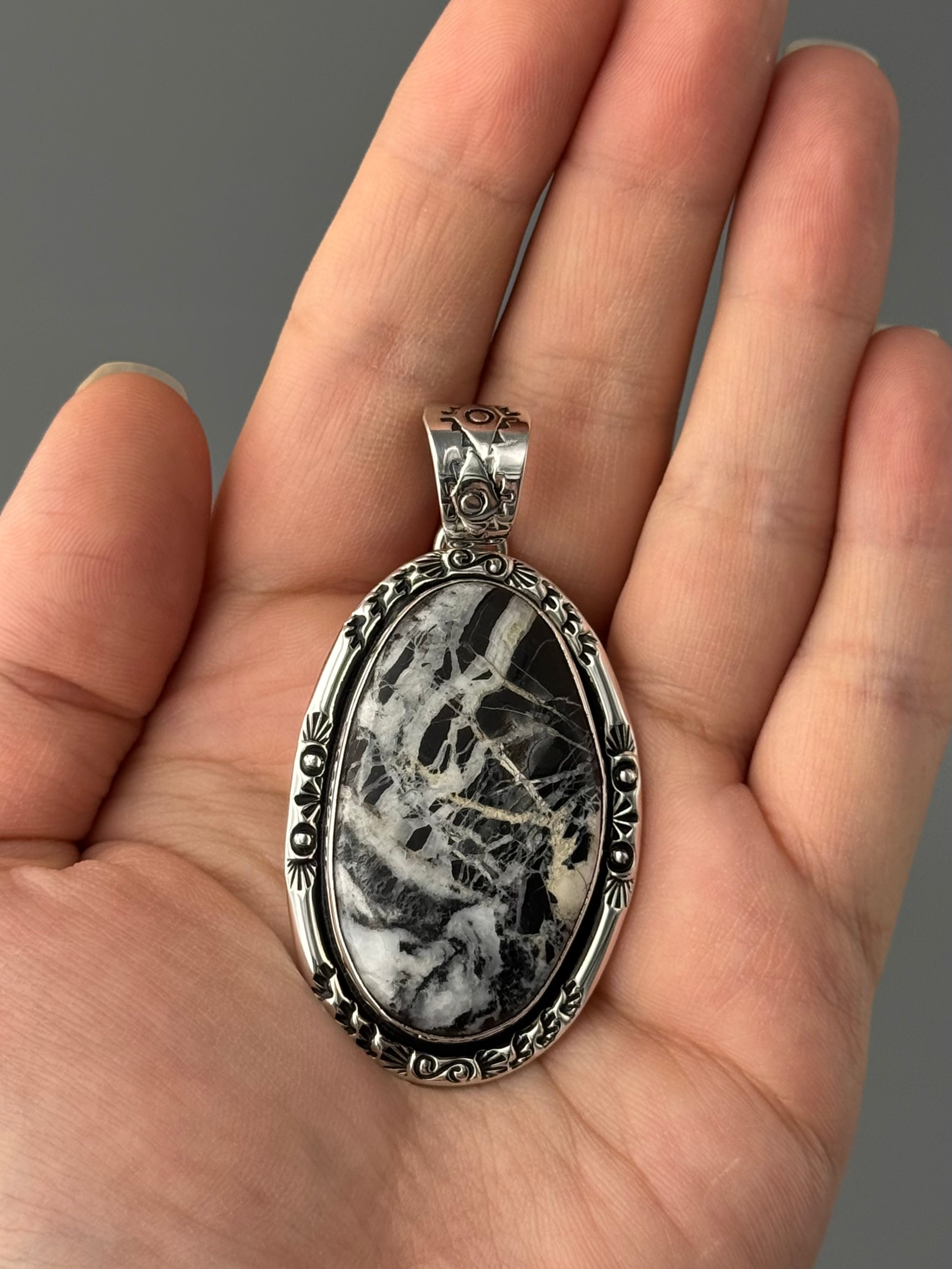 •WHITE BUFFALO TURQUOISE - SUNRAYS• Navajo sterling silver pendant