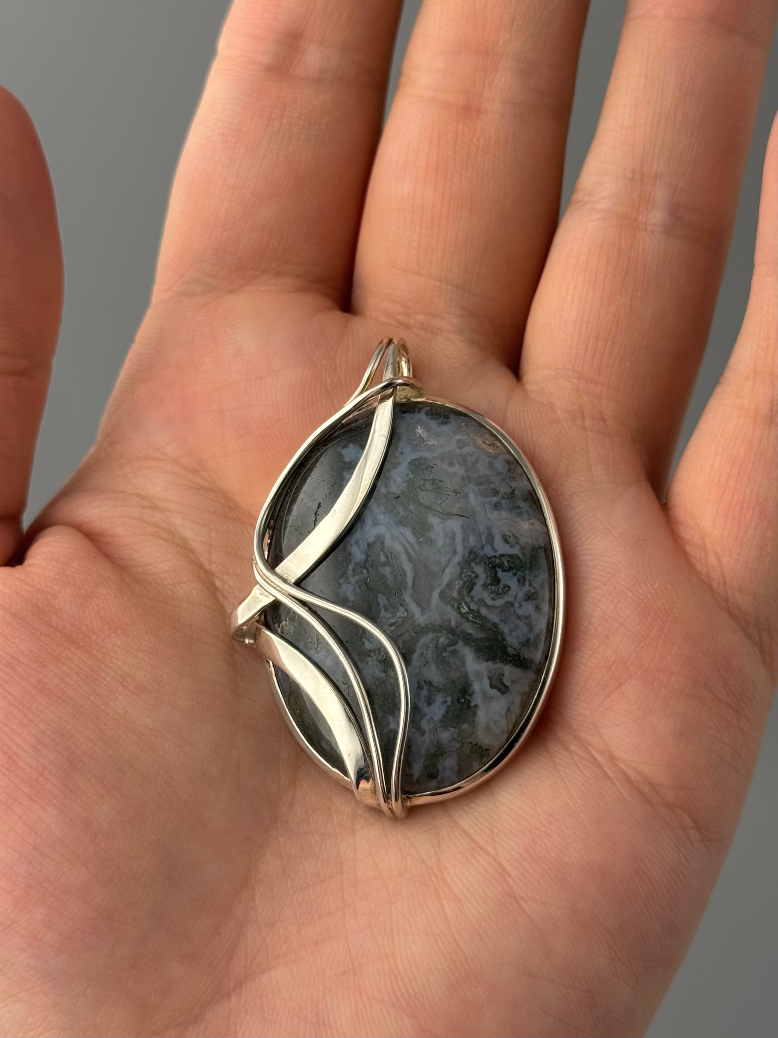 •MOSS AGATE - WIRE WRAPPED LARGE OVAL• sterling silver pendant