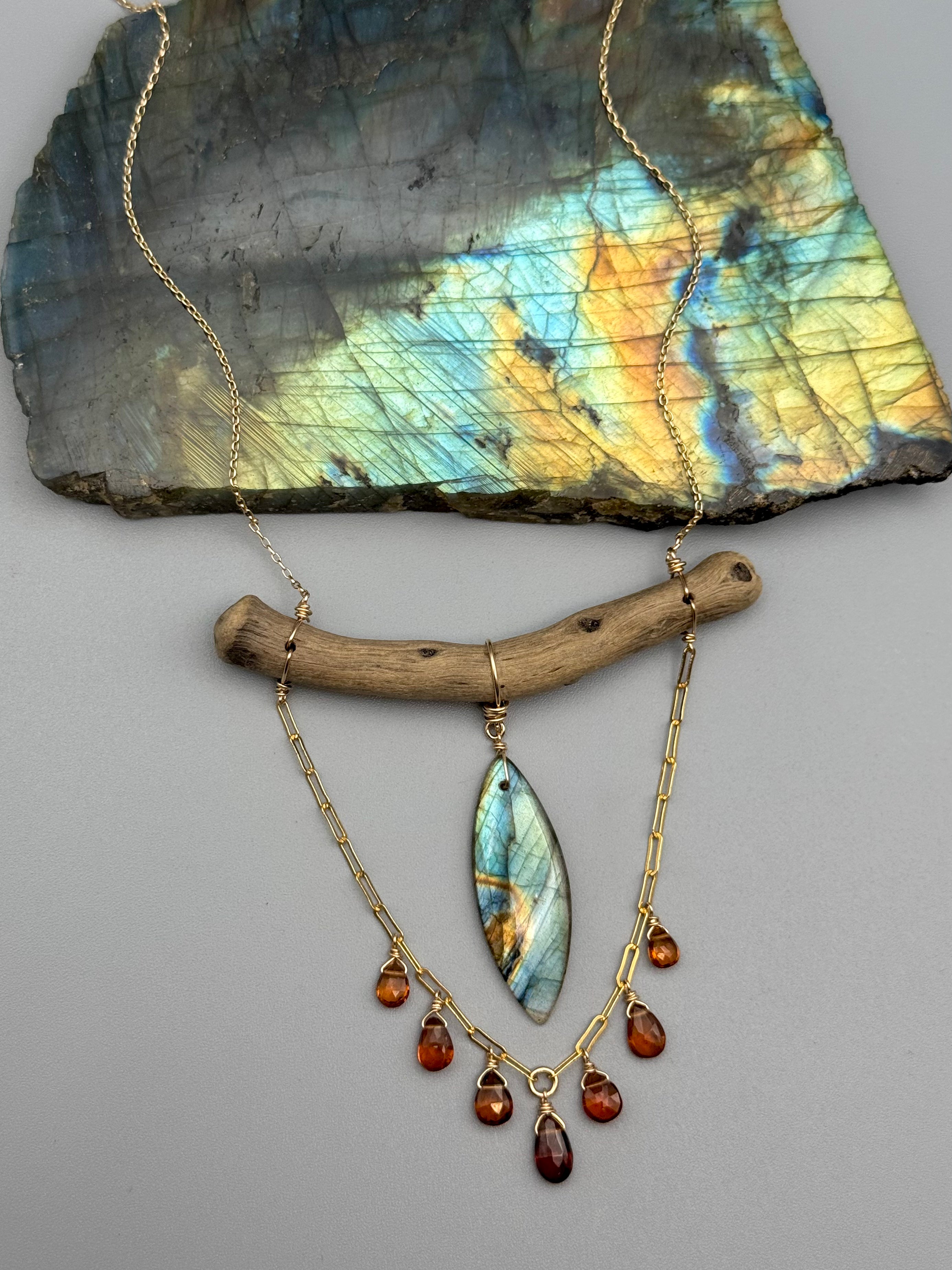 •TOTEM• labradorite + hessonite garnet gold necklace (16"-18" long)