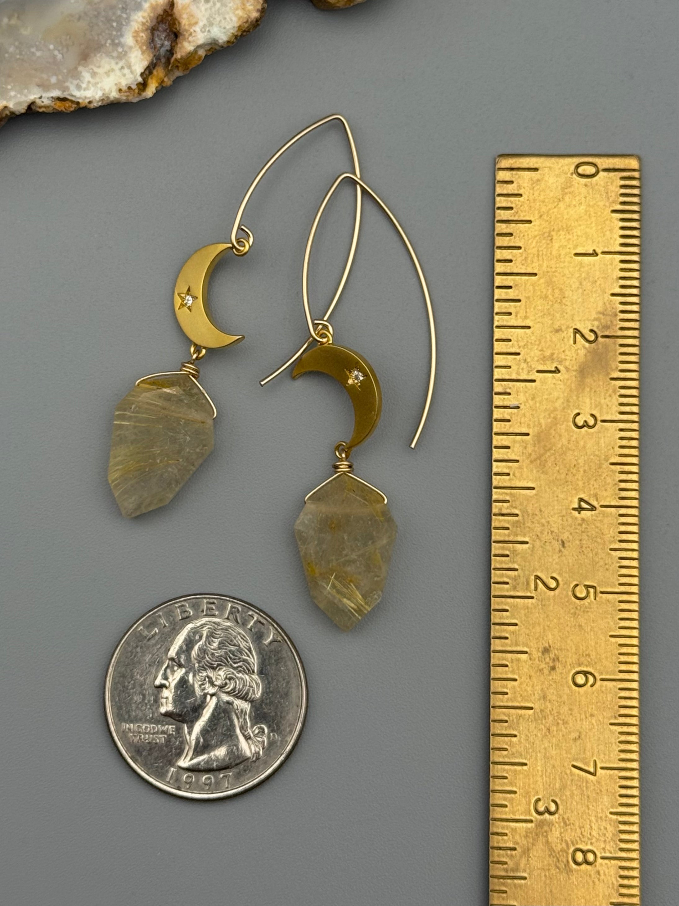 •CRYSTAL CRESCENT• rutilated quartz + gold earrings