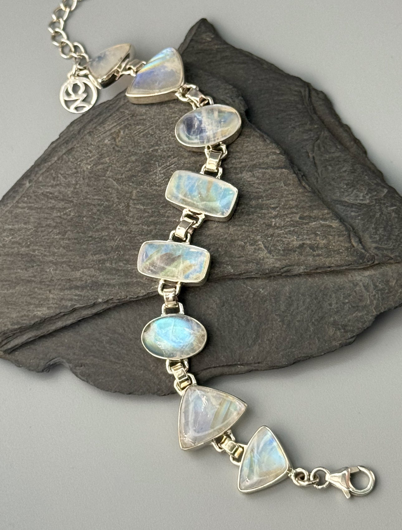 •RAINBOW MOONSTONE - GEO MIX• linked silver bracelet (6.25" - 7.75")