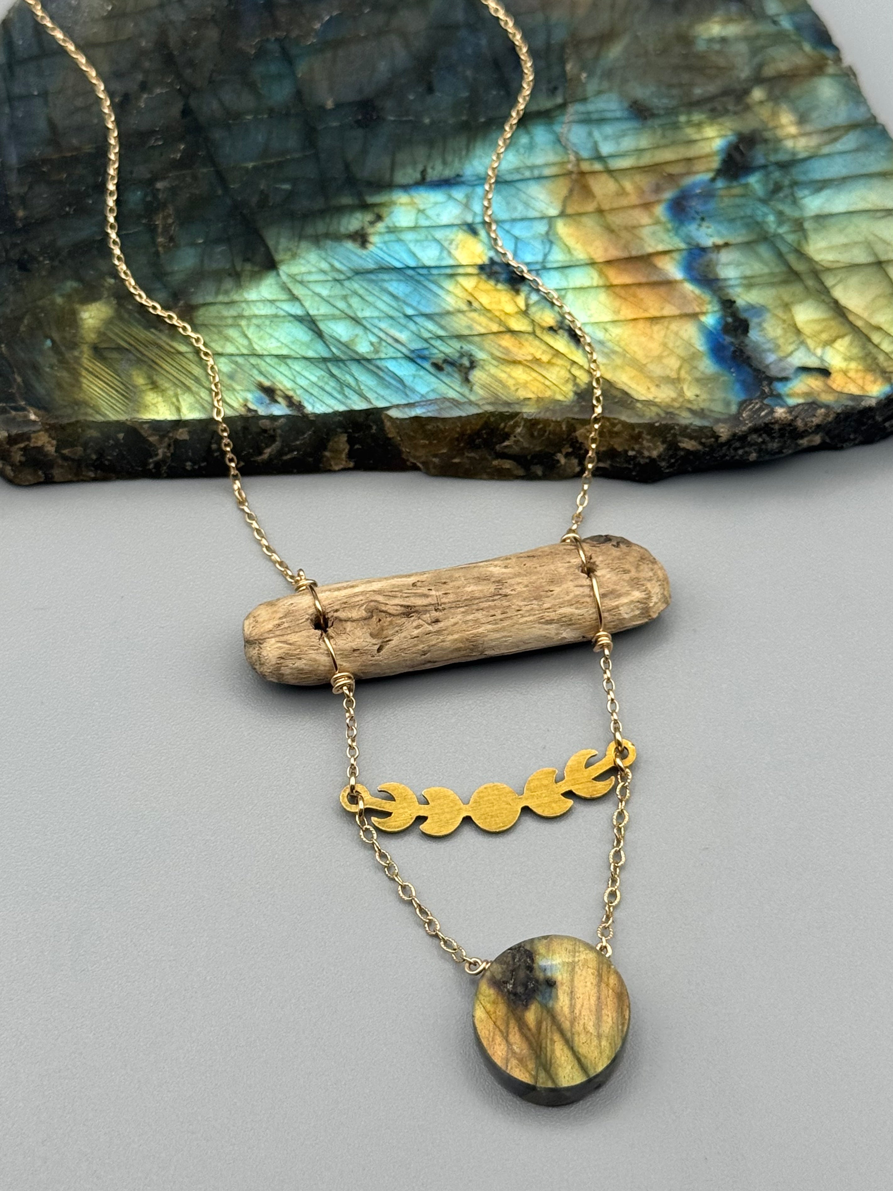 •TOTEM• golden labradorite coin + gold necklace (17"-19" long)