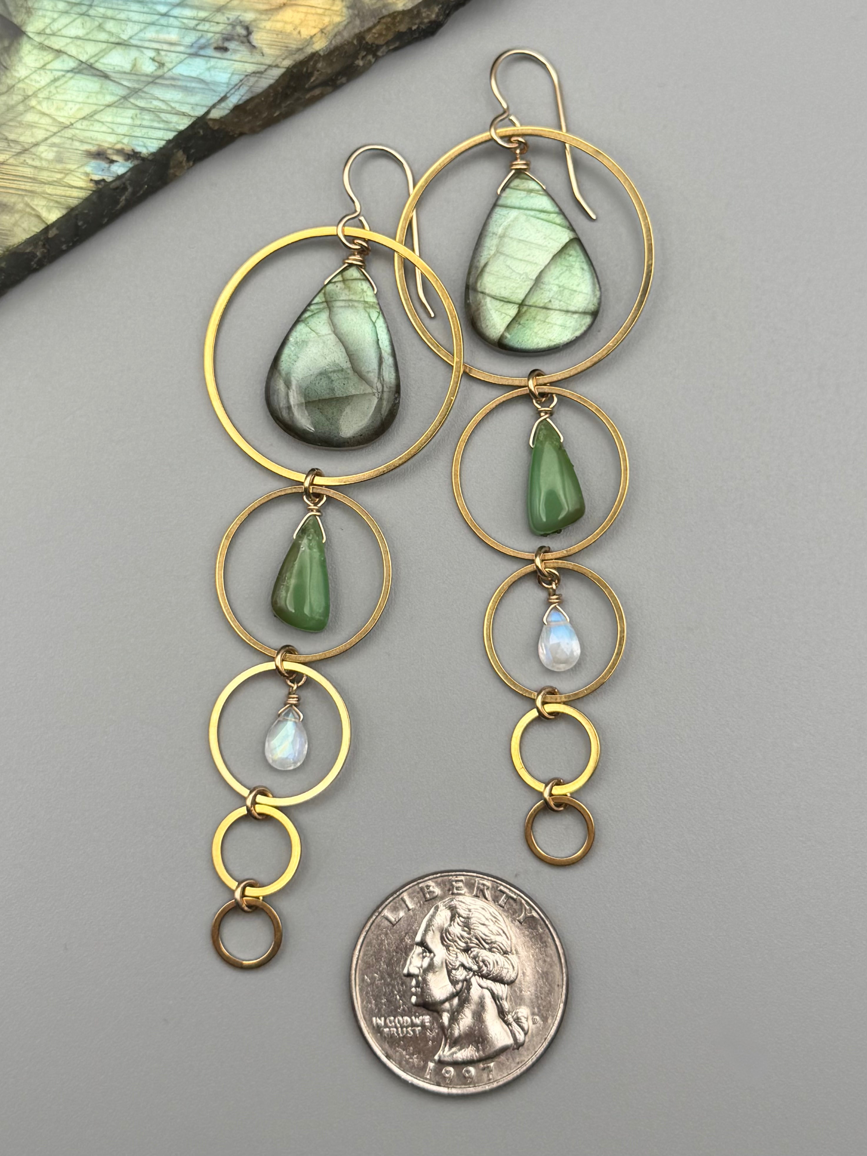 •10 OF CUPS• labradorite + chrysoprase + rainbow moonstone gold earrings