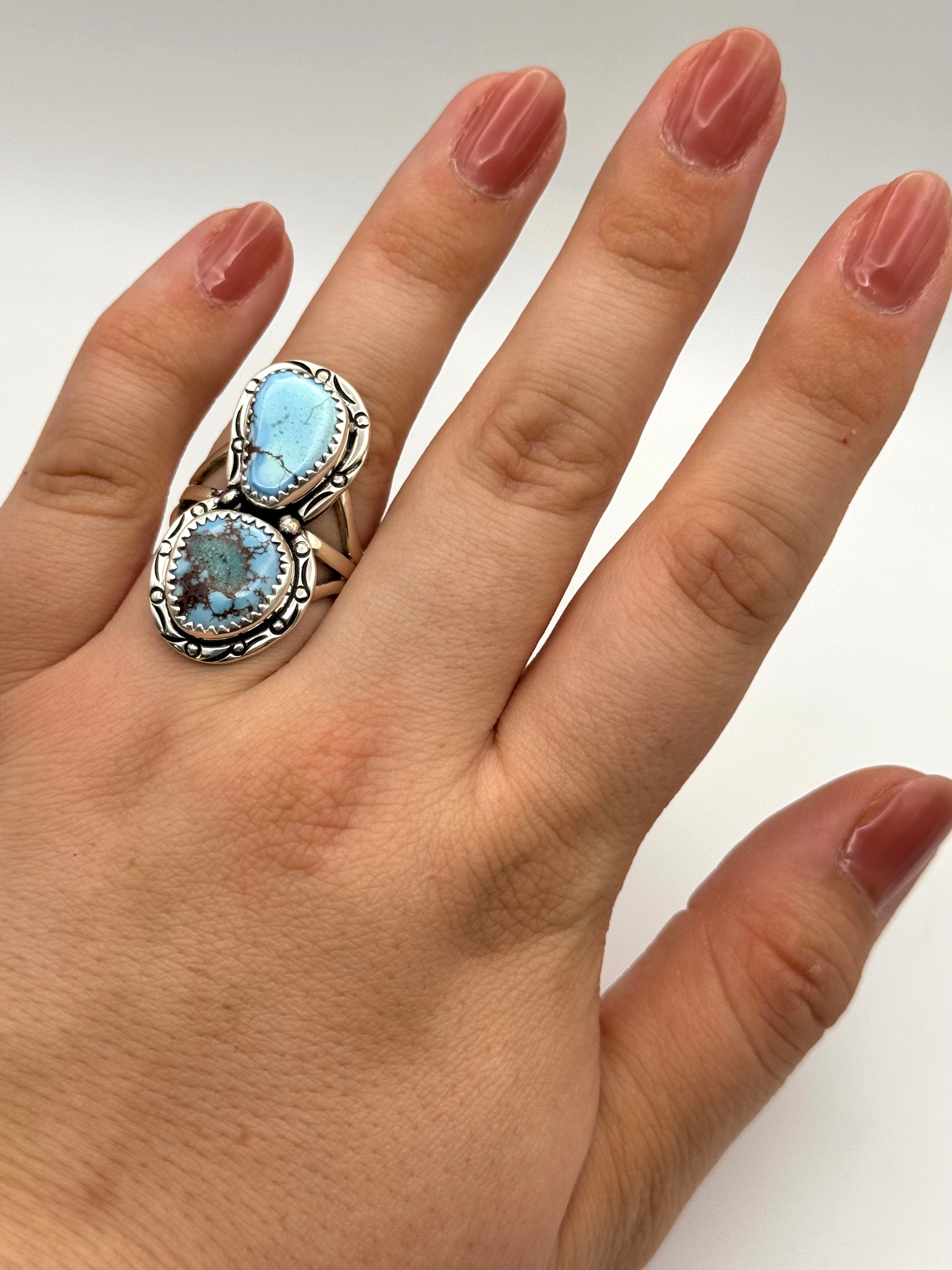 •GOLDEN HILL TURQUOISE - 1• Navajo silver double stone ring (size 8)