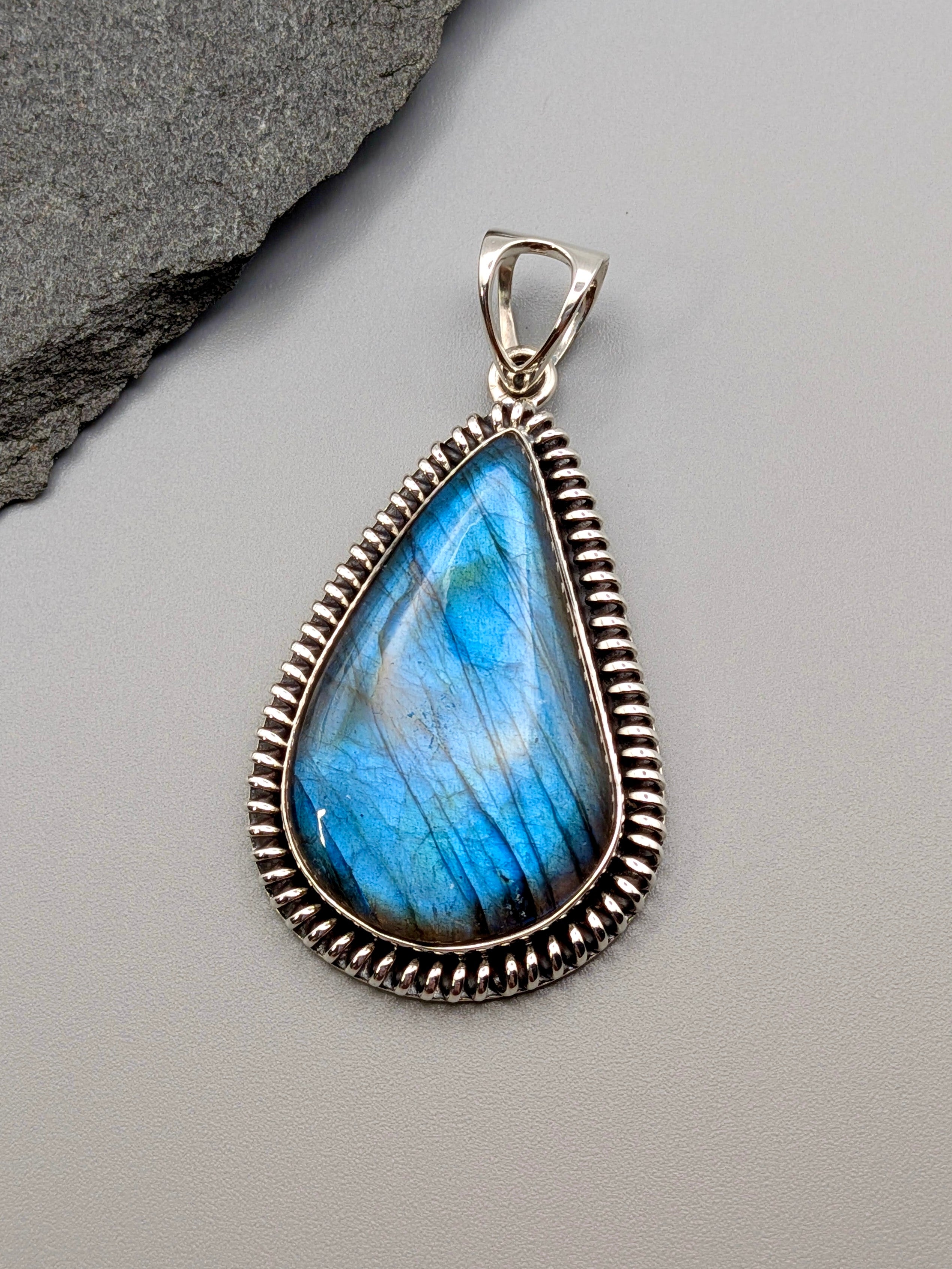 •LABRADORITE TEARDROP - COILED• sterling silver pendant