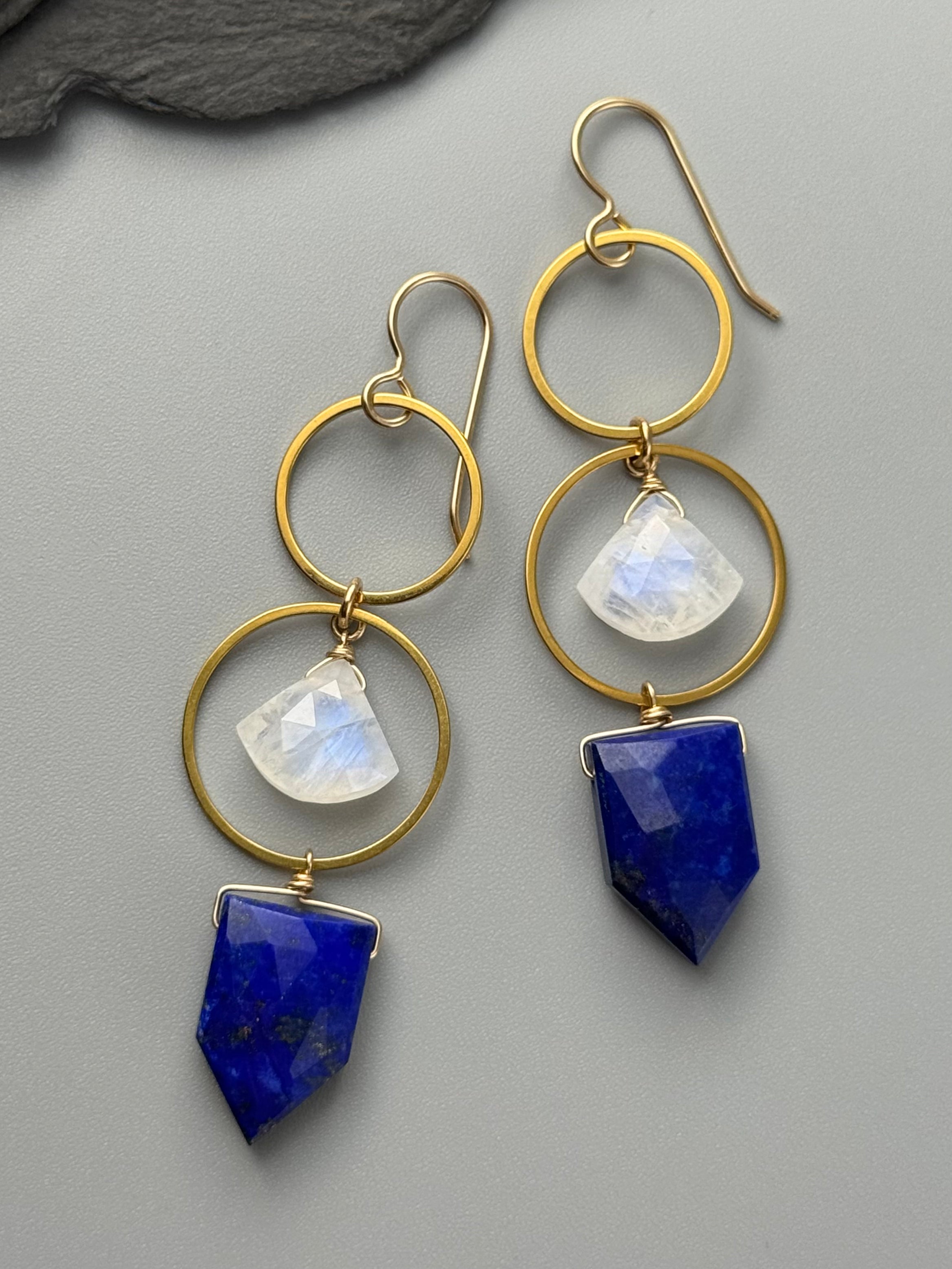 •EQUA-LUNA• rainbow moonstone + lapis lazuli gold earrings