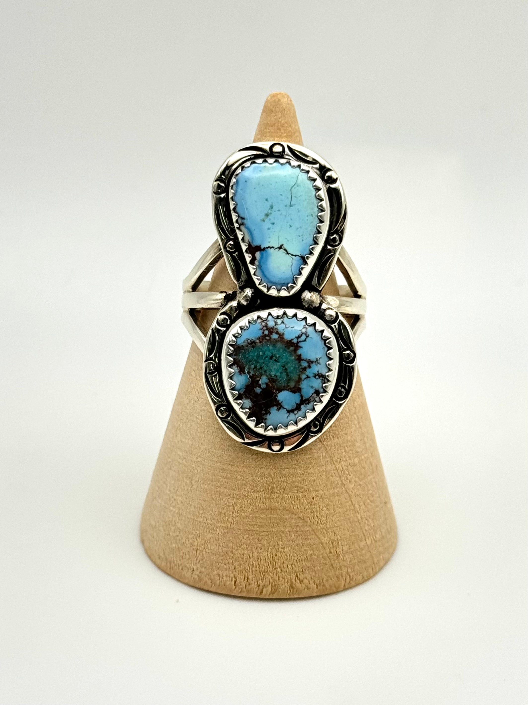 •GOLDEN HILL TURQUOISE - 1• Navajo silver double stone ring (size 8)