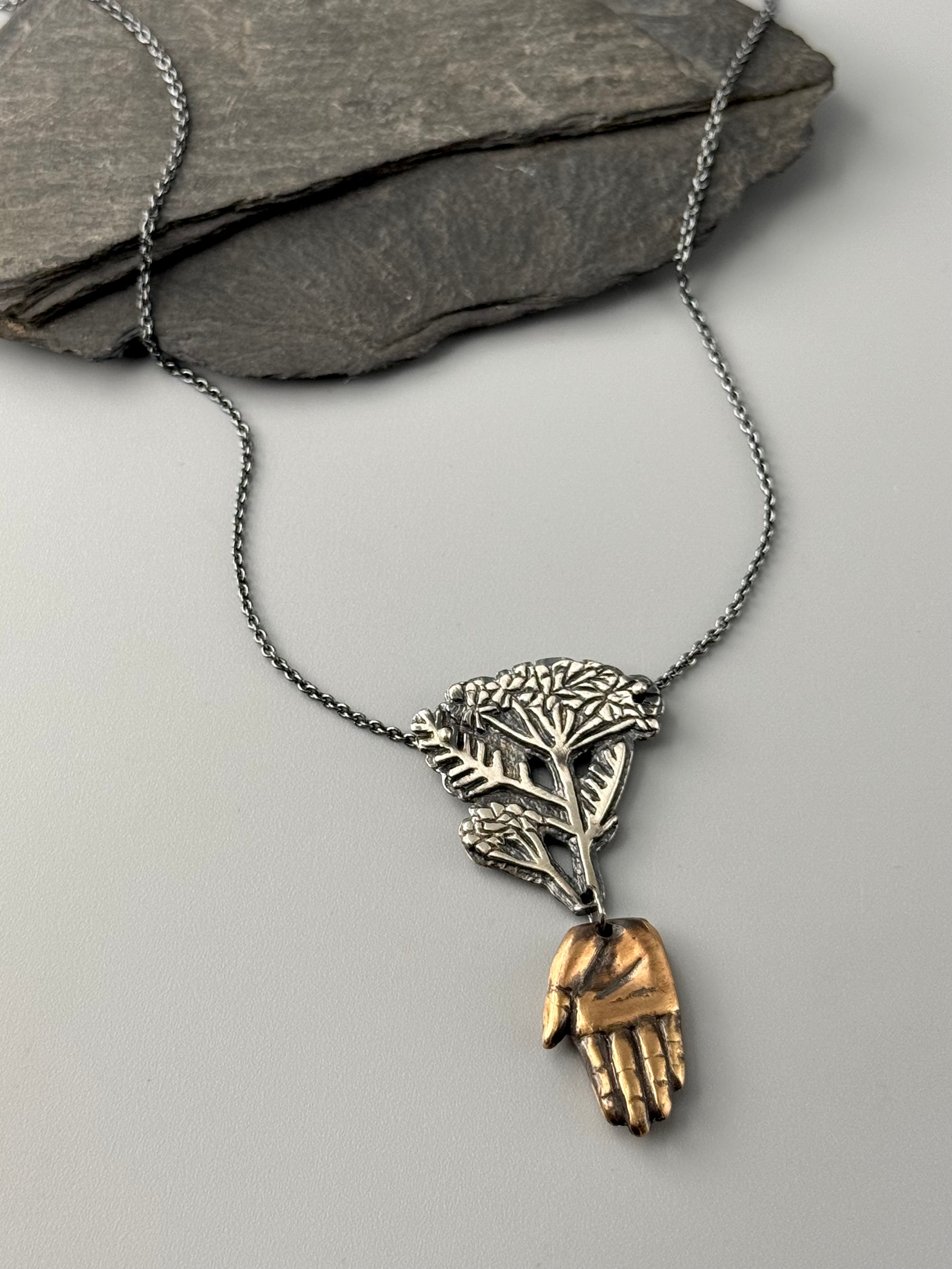 •YARROW + HAMSA• mixed metal necklace (18" long)