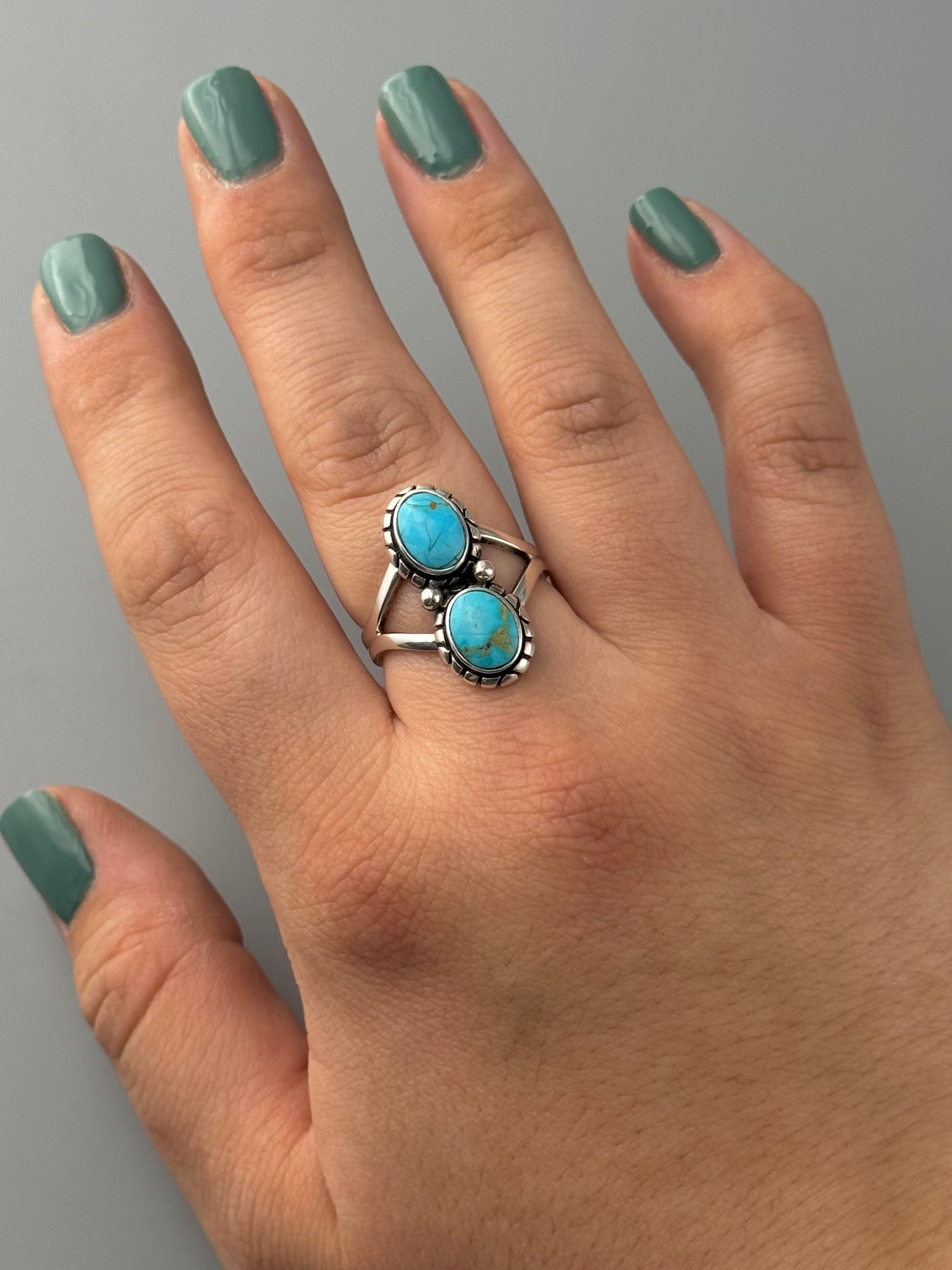 •BLUE RIDGE NEVADA TURQUOISE - NAAKI• Navajo silver ring (size 9)
