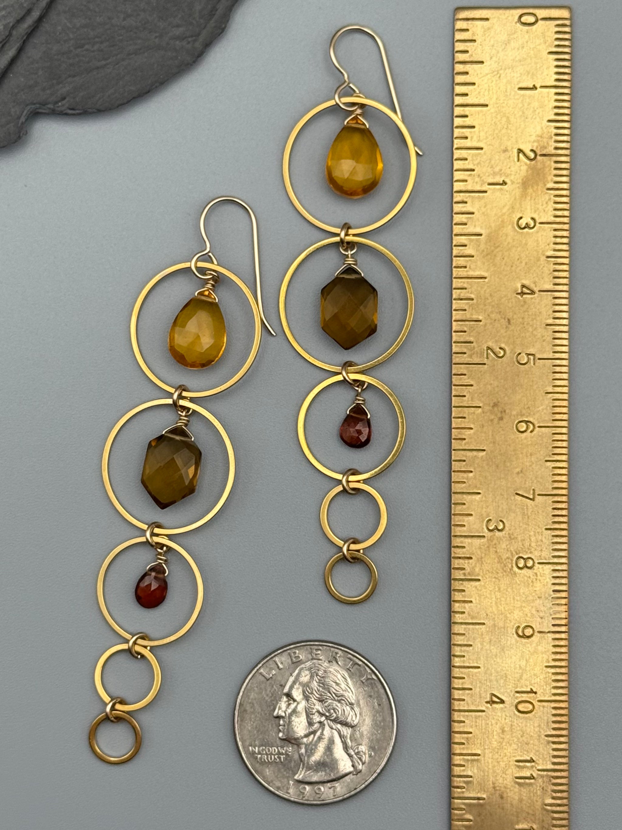 •10 OF CUPS• citrine, smoky quartz + hessonite garnet gold earrings