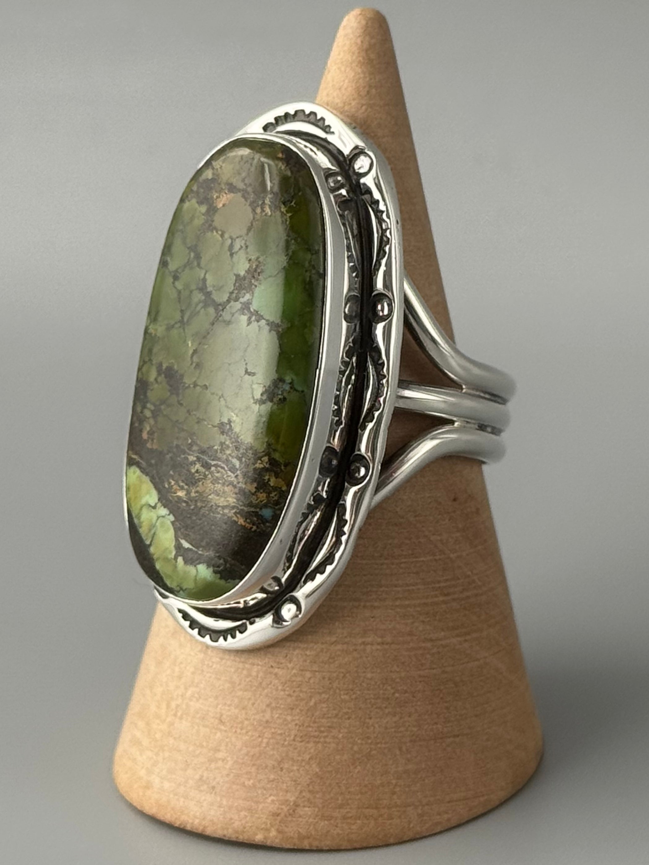 •BLACKJACK TURQUOISE - SHÁ• Navajo silver ring (size 10.25)