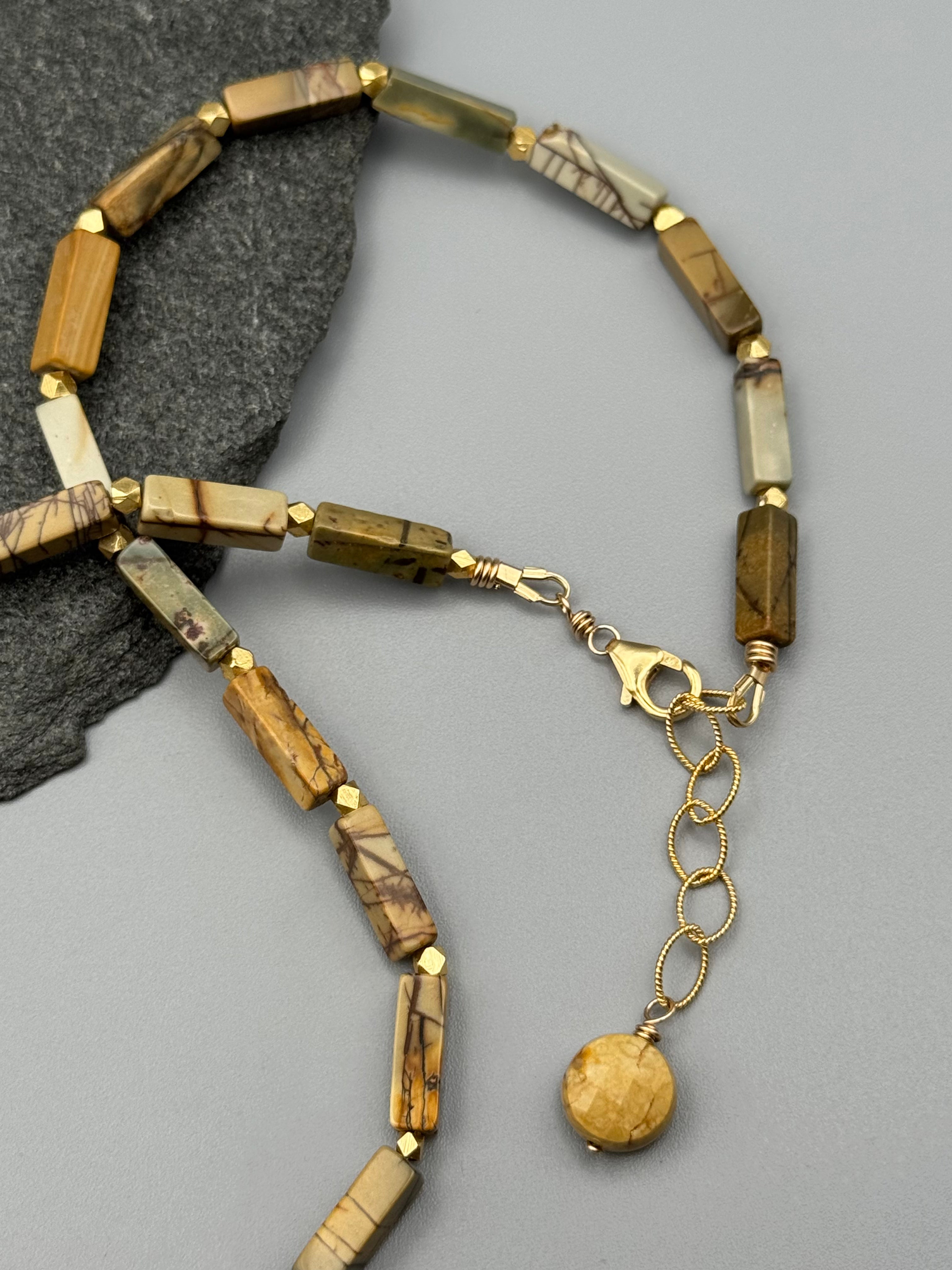 •LIL' CUBOIDS• red creek jasper + gold beaded necklace (16.5"-18" long)