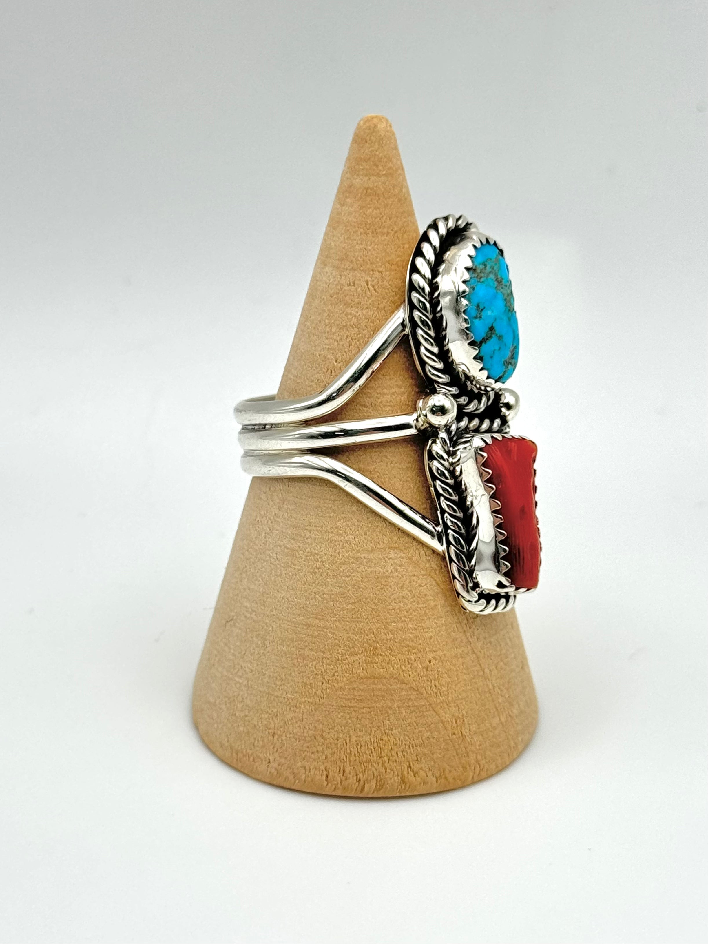 •SLEEPING BEAUTY TURQUOISE & CORAL• Navajo silver double stone ring (size 9.25)