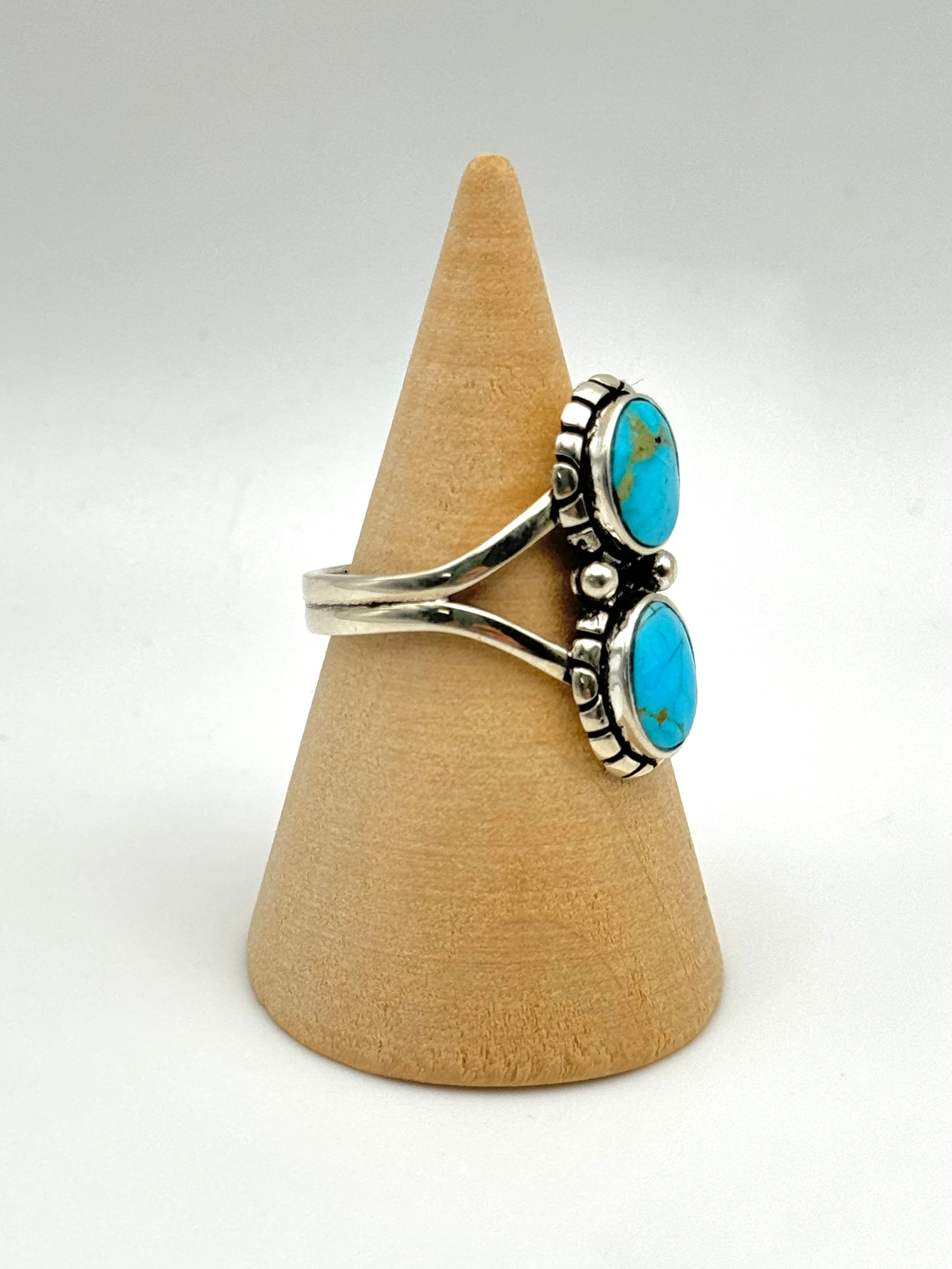 •BLUE RIDGE NEVADA TURQUOISE• Navajo silver double stone ring (size 9)