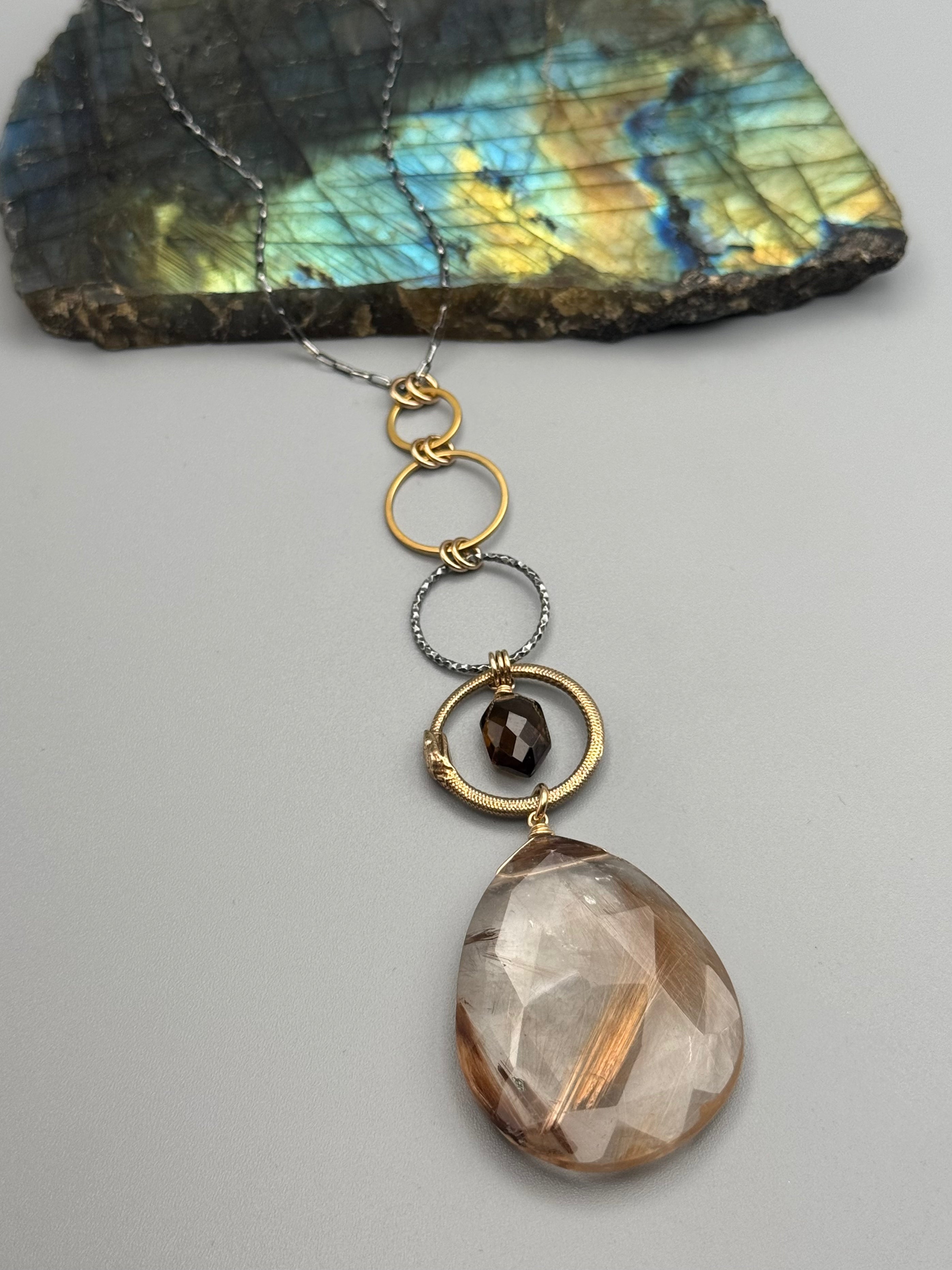 •NĀGA• smoky quartz + rutilated quartz mixed metal necklace (26"-28" long)