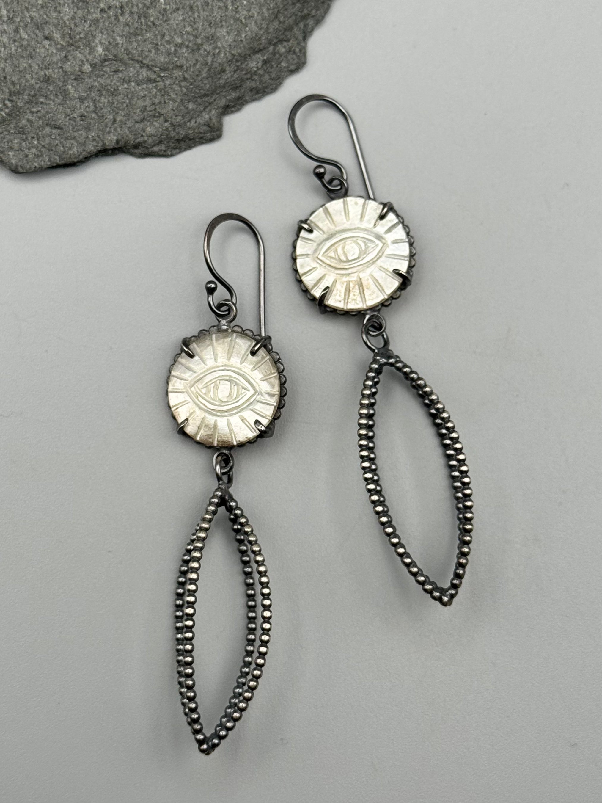 •VESSEL• carved mother of pearl + silver dangle earrings