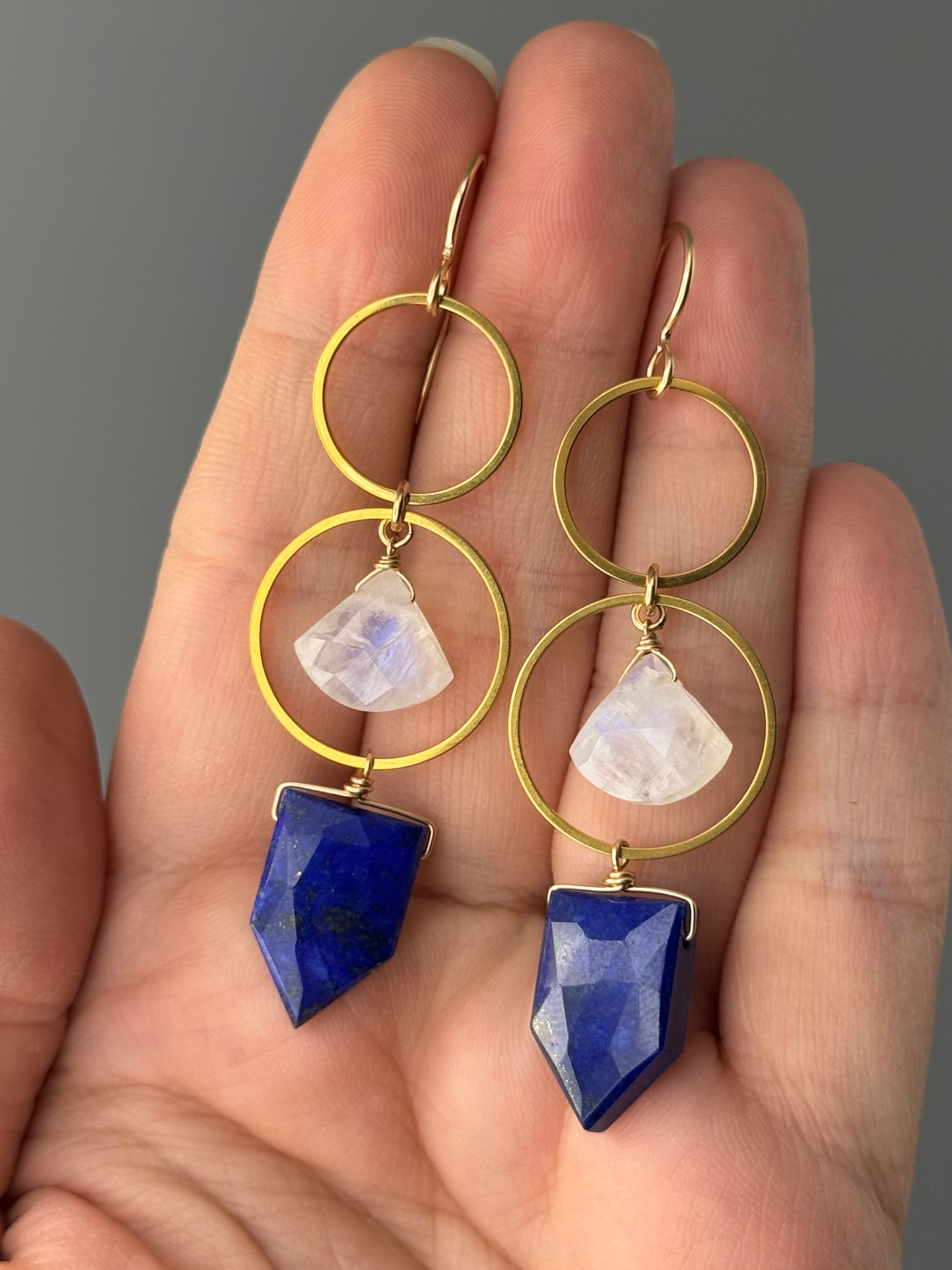 •EQUA-LUNA• rainbow moonstone + lapis lazuli gold earrings