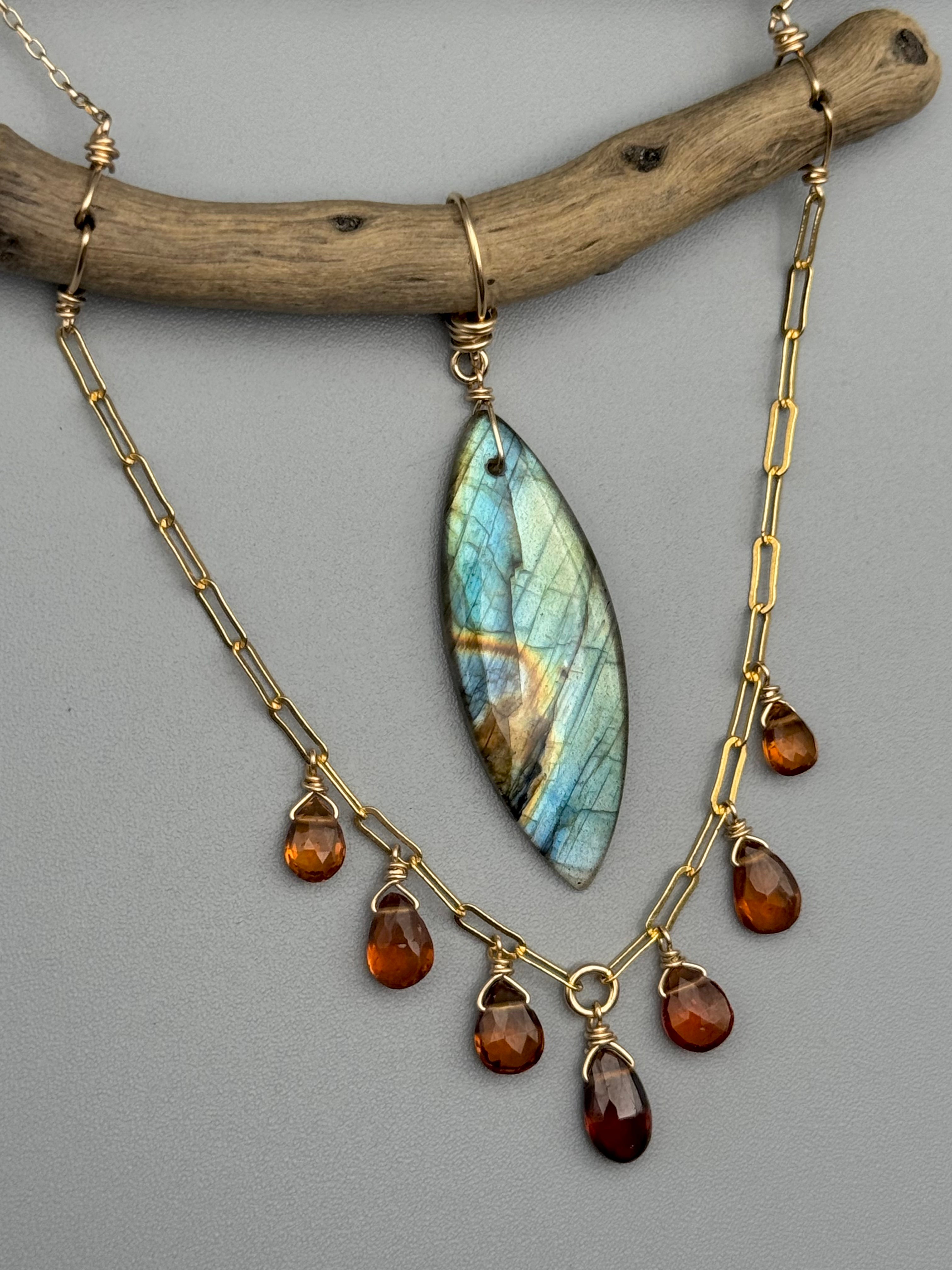 •TOTEM• labradorite + hessonite garnet gold necklace (16"-18" long)