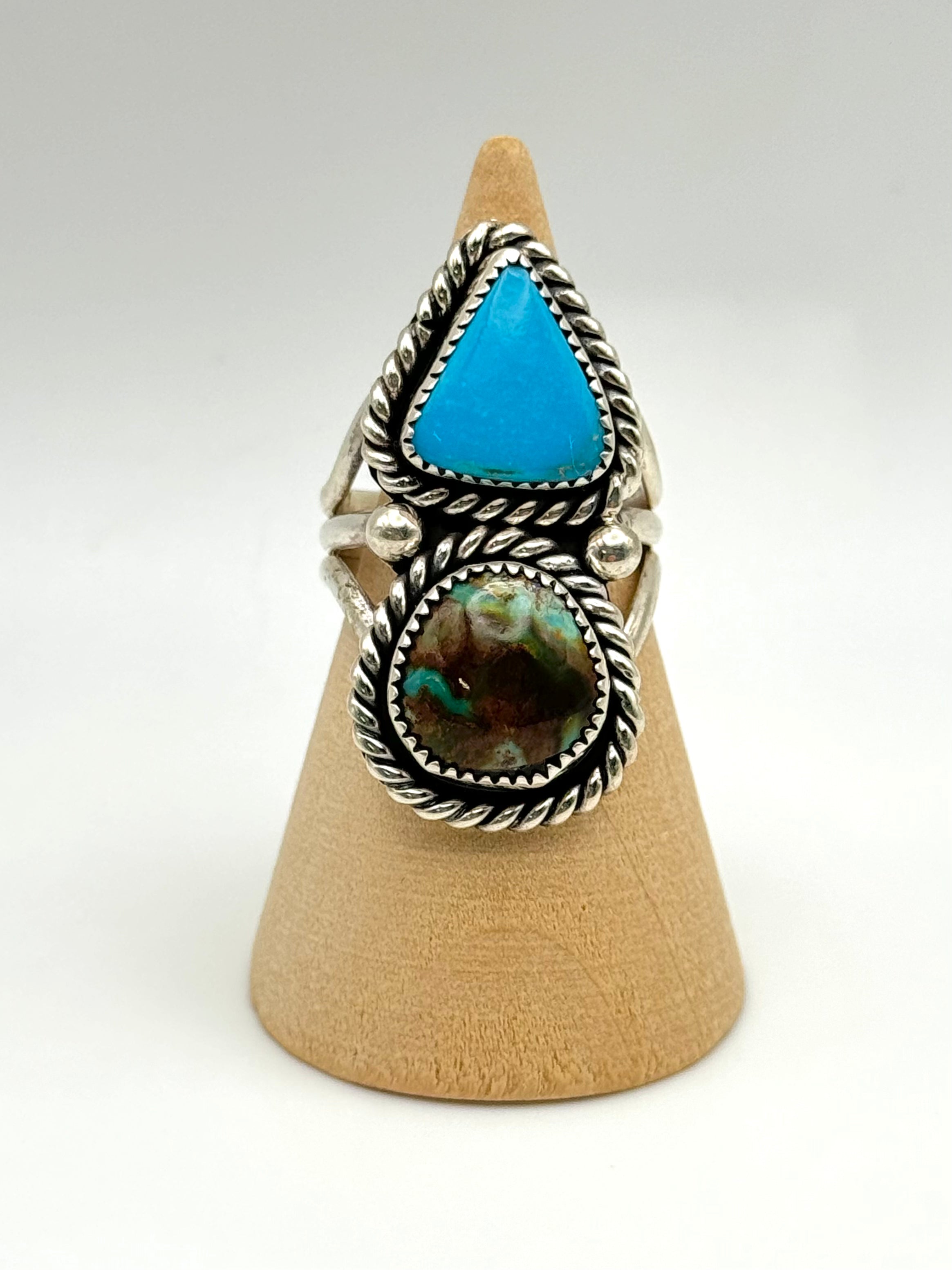 •TURQUOISE DUO• Navajo silver double stone ring (size 8)