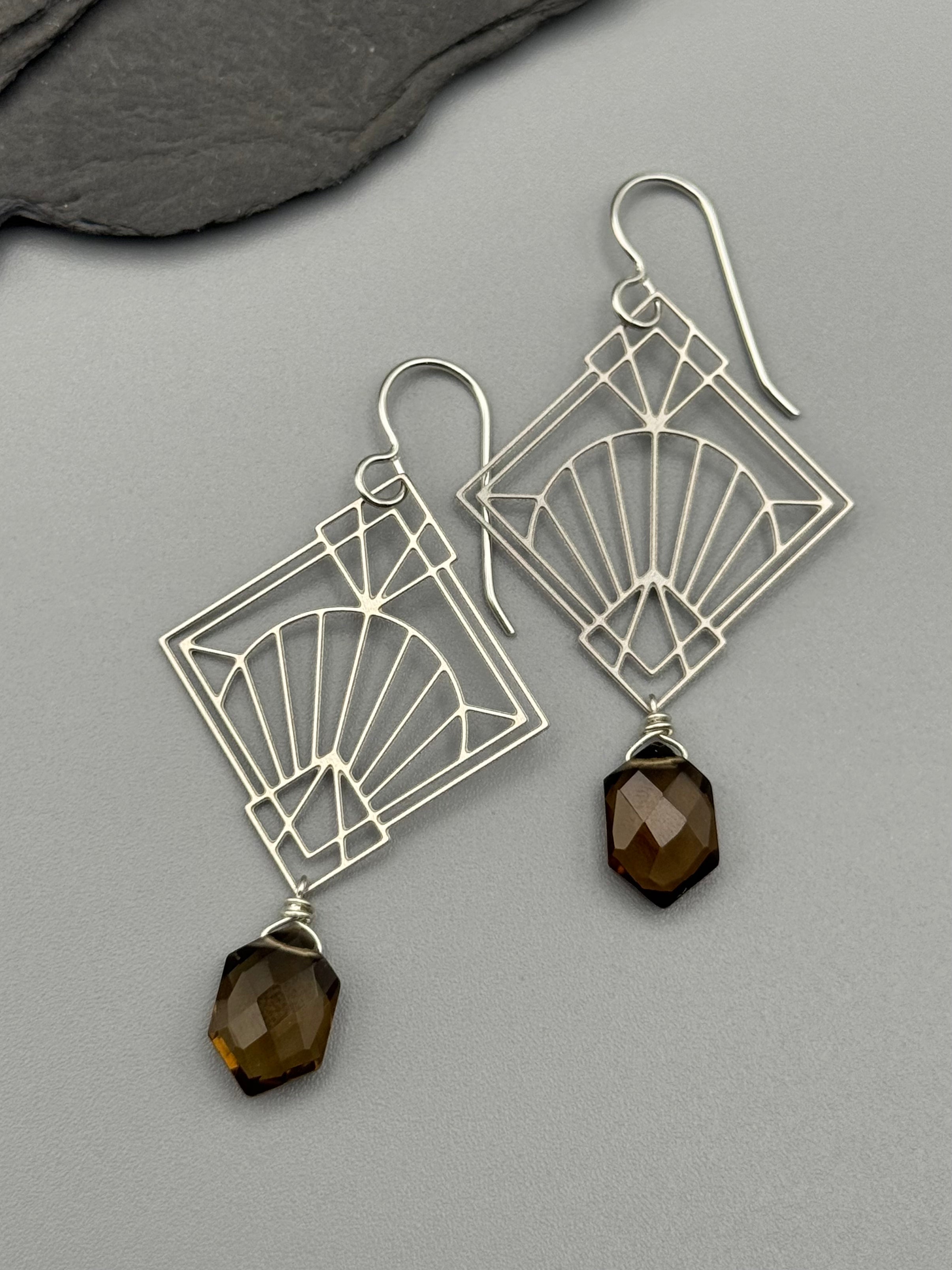 •DECO DIAMOND• smoky quartz + silver earrings
