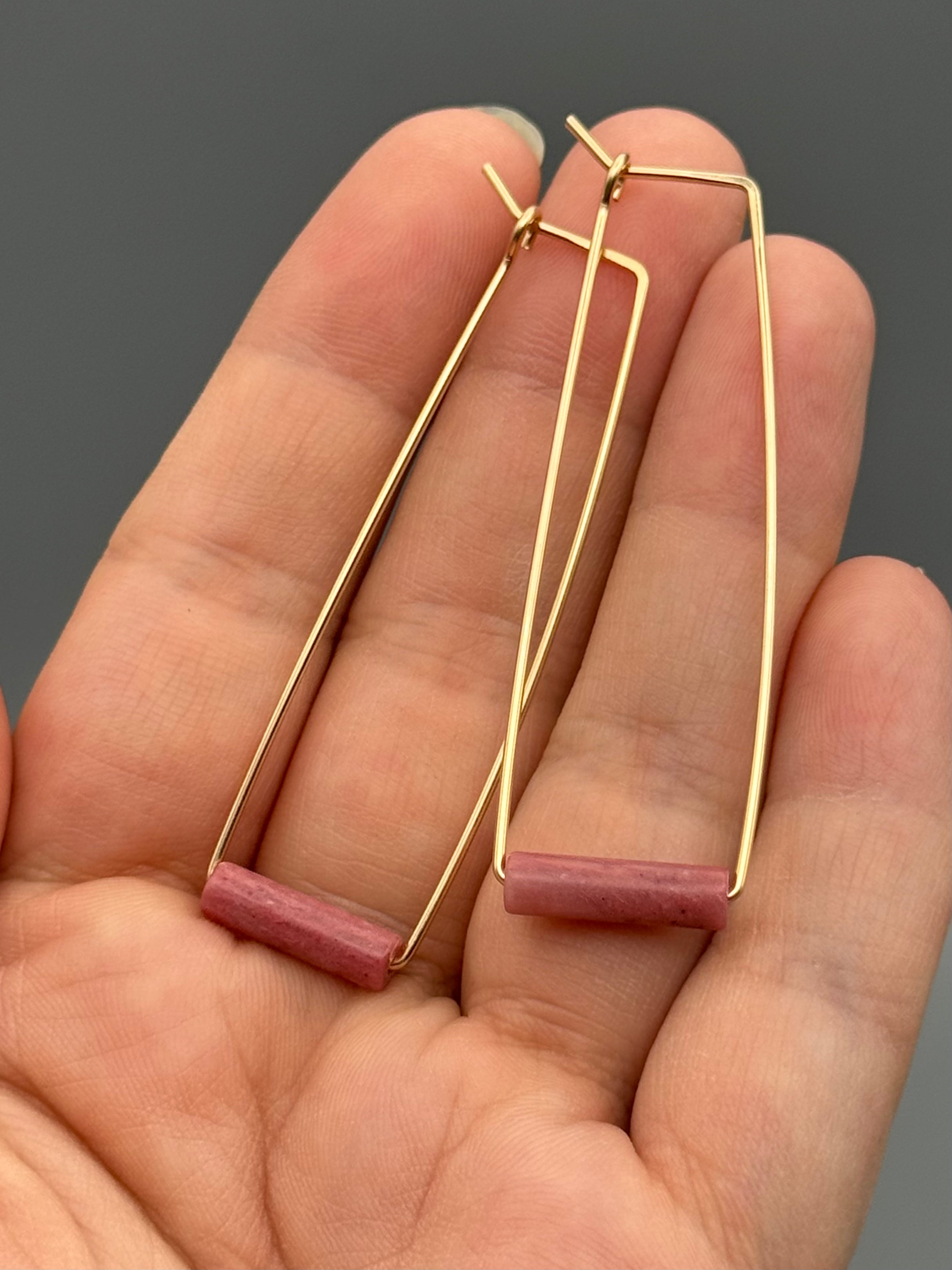 •RECTANGLE TUBE HOOP• rhodonite + gold earrings