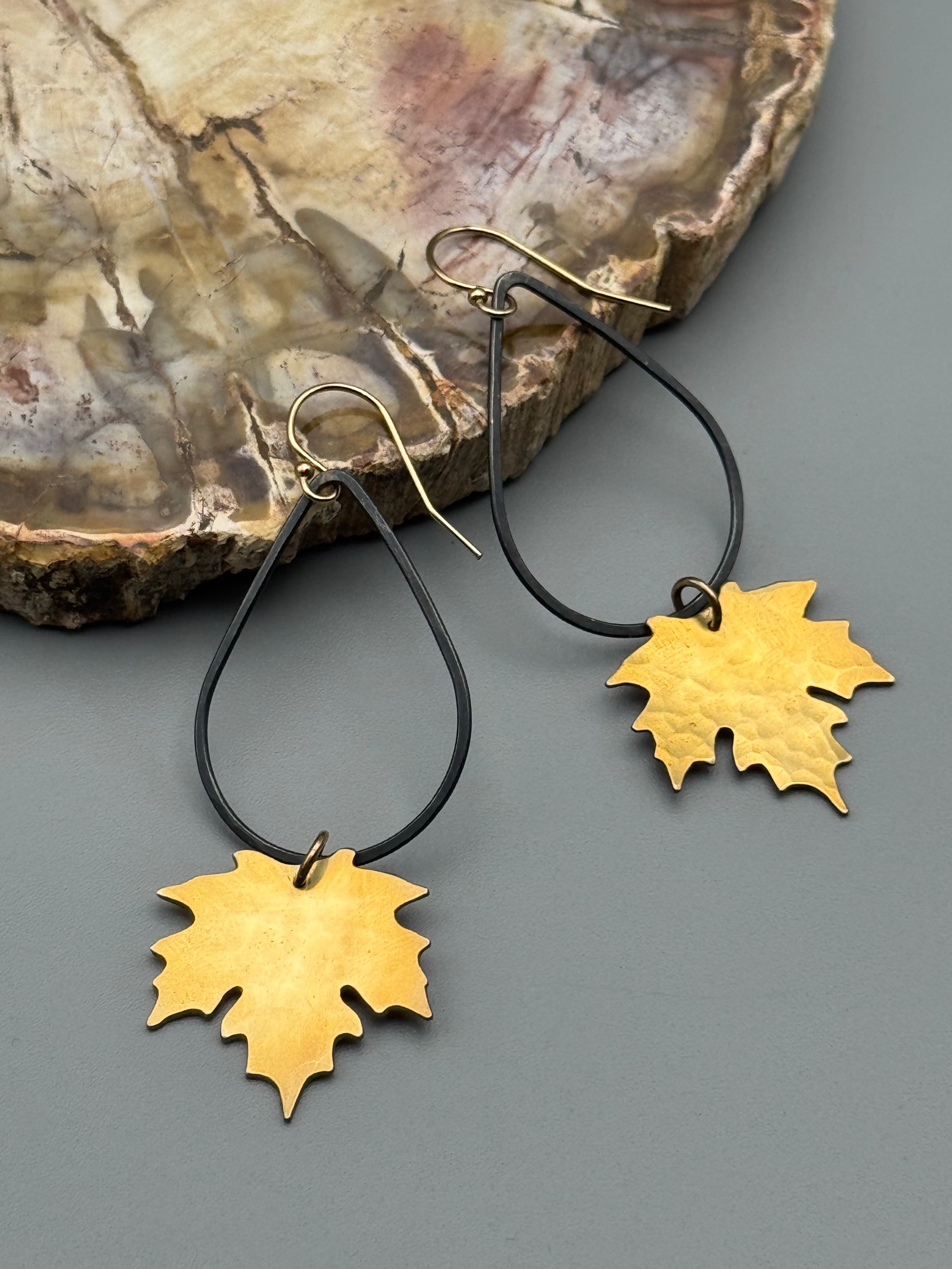 •MAPLE TEARDROP• mixed metal leaf dangle earrings