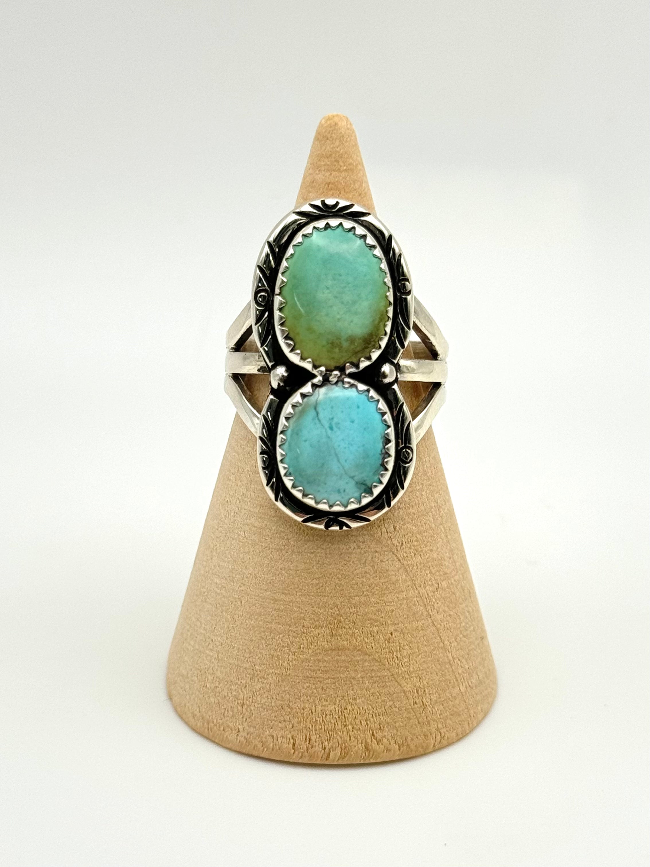 •GOLDEN HILL TURQUOISE - 2• Navajo silver double stone ring (size 6.5)