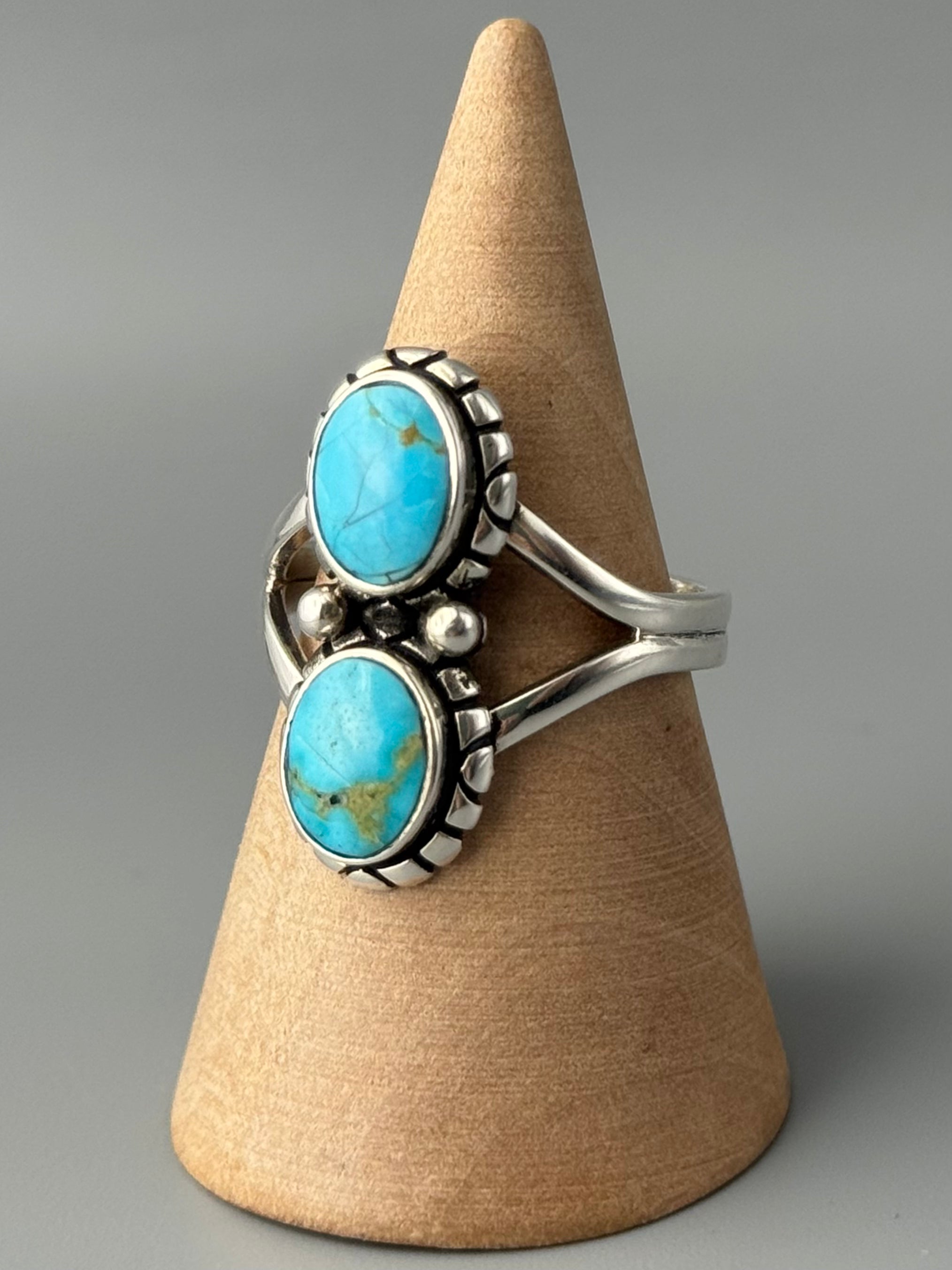 •BLUE RIDGE NEVADA TURQUOISE - NAAKI• Navajo silver ring (size 9)