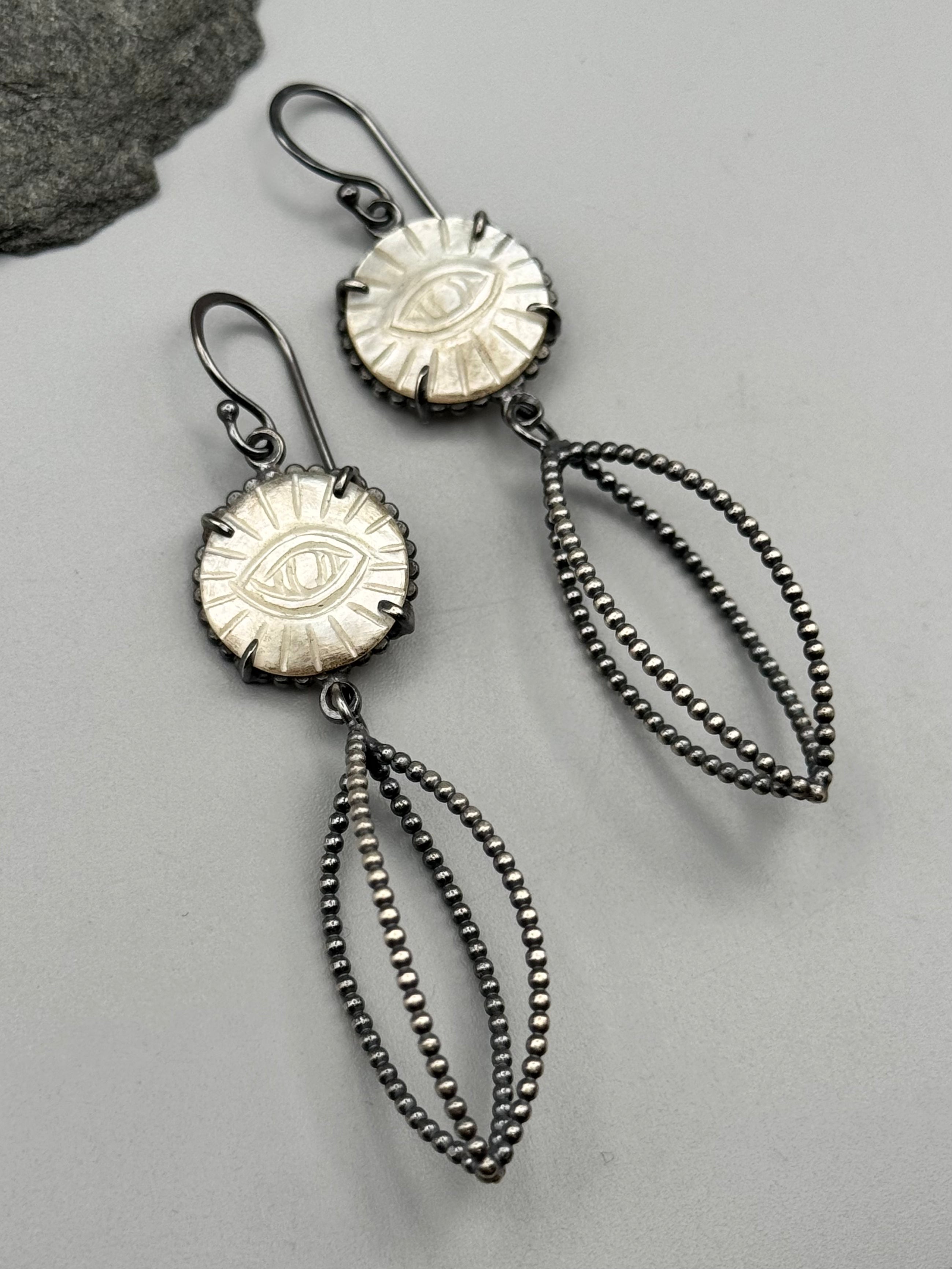 •VESSEL• carved mother of pearl + silver dangle earrings