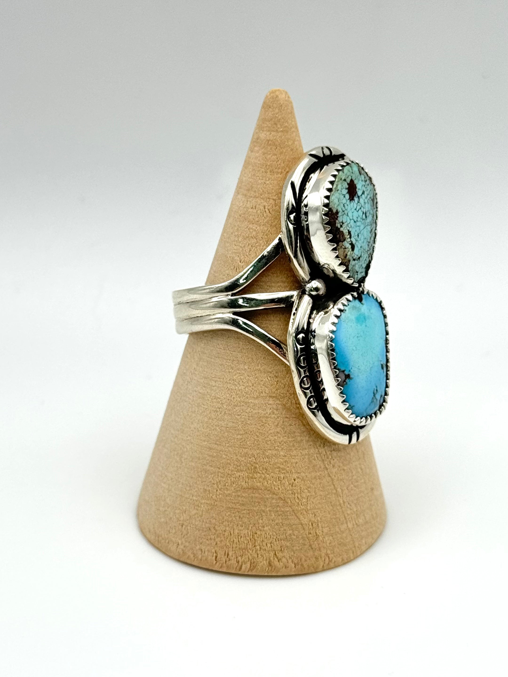 •GOLDEN HILL TURQUOISE - 4• Navajo silver double stone ring (size 9)