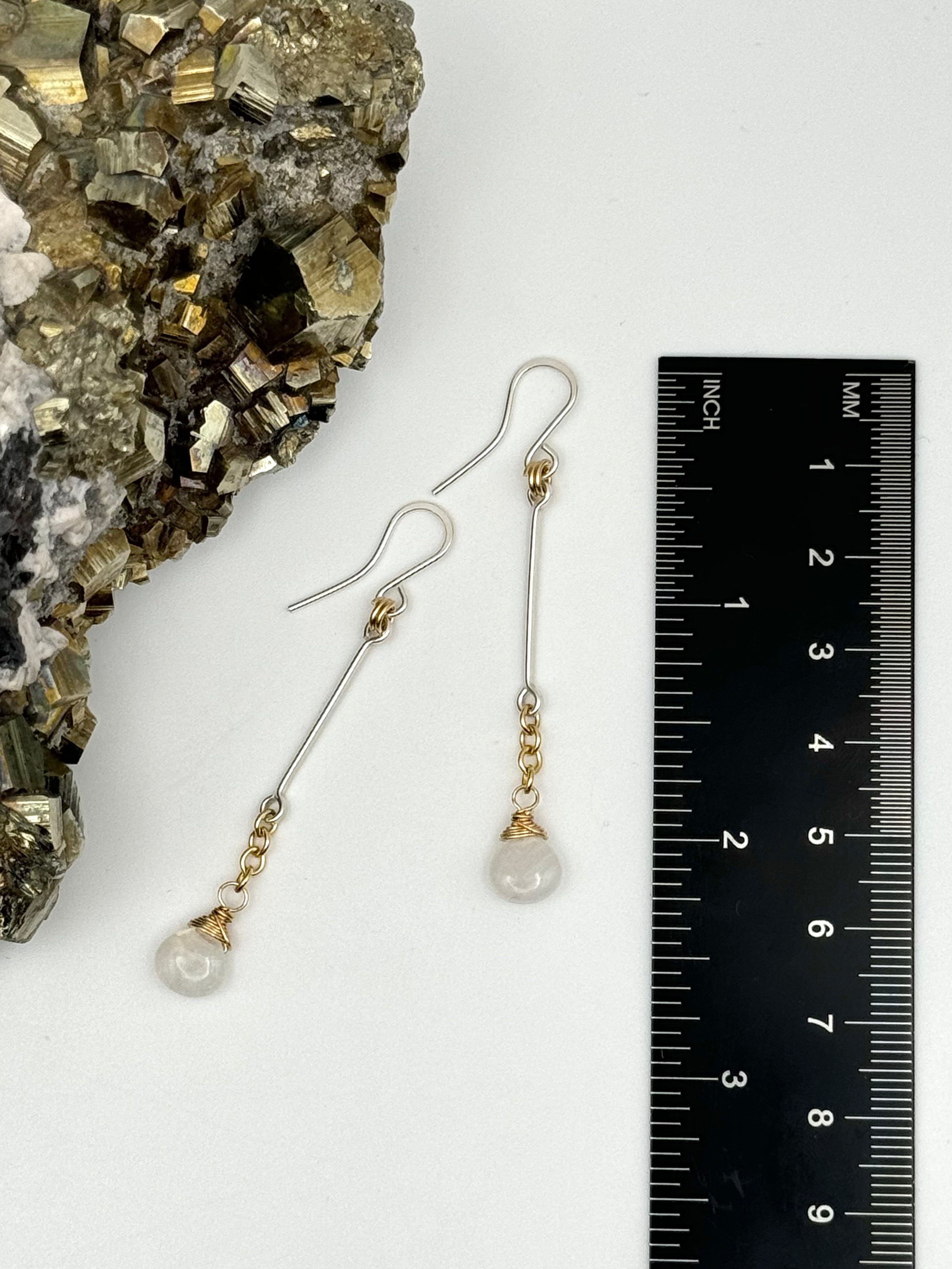 •LINEAR DROP• rainbow moonstone + mixed metal dangle earrings