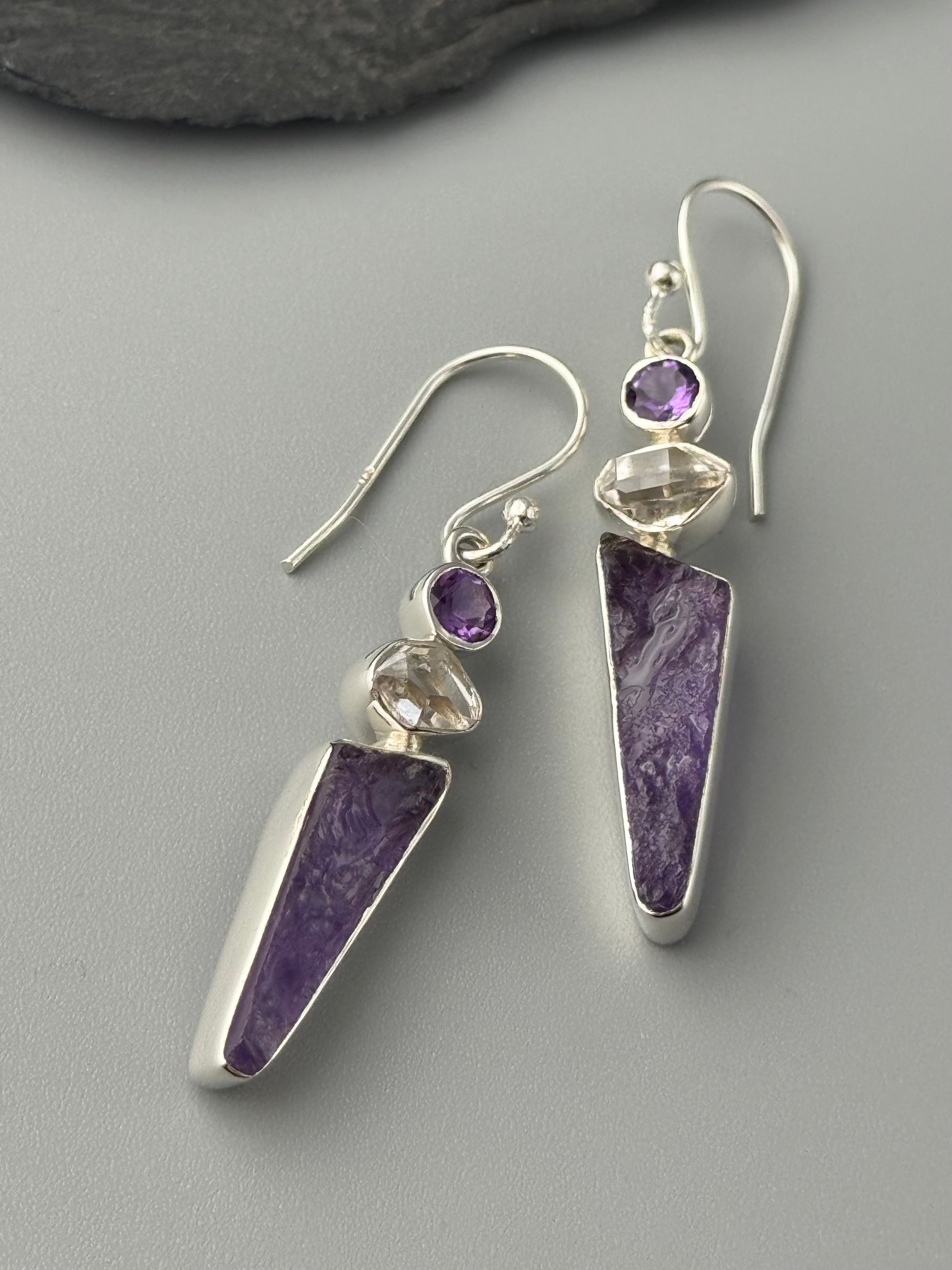 •AMETHYST + HERKIMER DIAMOND - FANG STACK• silver dangle earrings