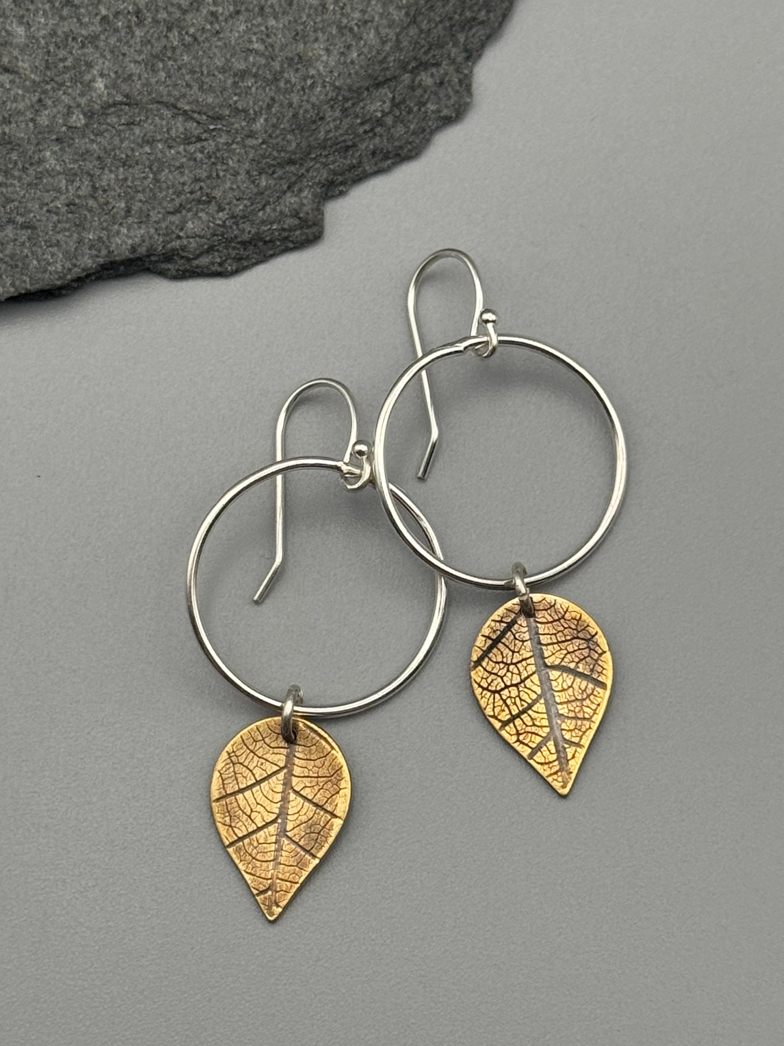 •LEAF MOON• mixed metal dangle earrings