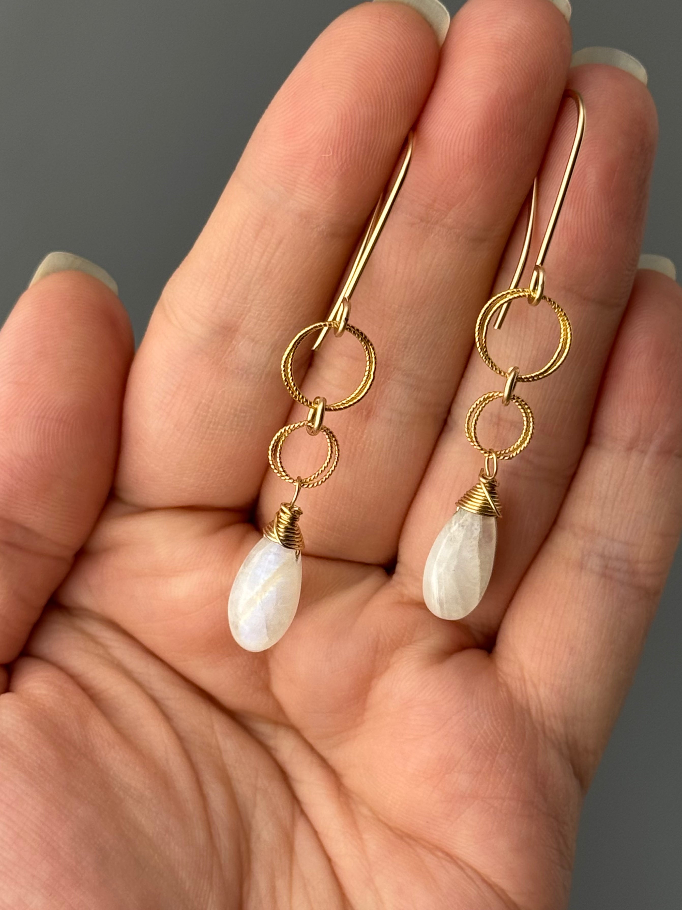 •LINKED DROP• rainbow moonstone + gold dangle earrings